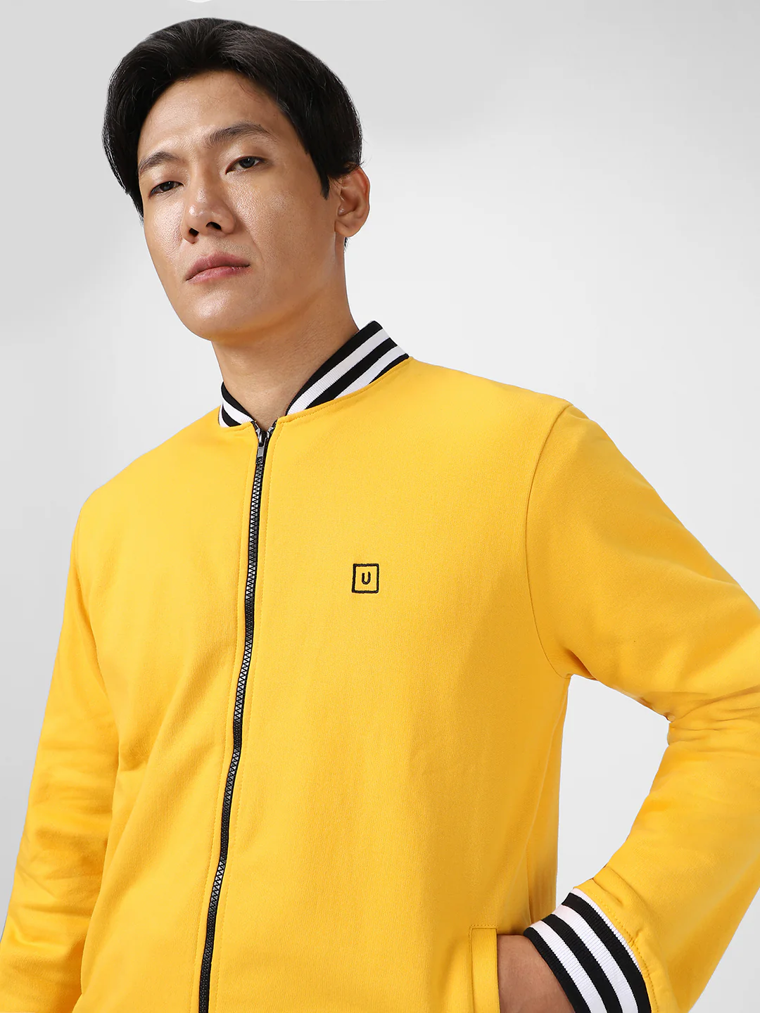 Men's Yellow Cotton Zippered Varsity Sweatshirt - Image 6