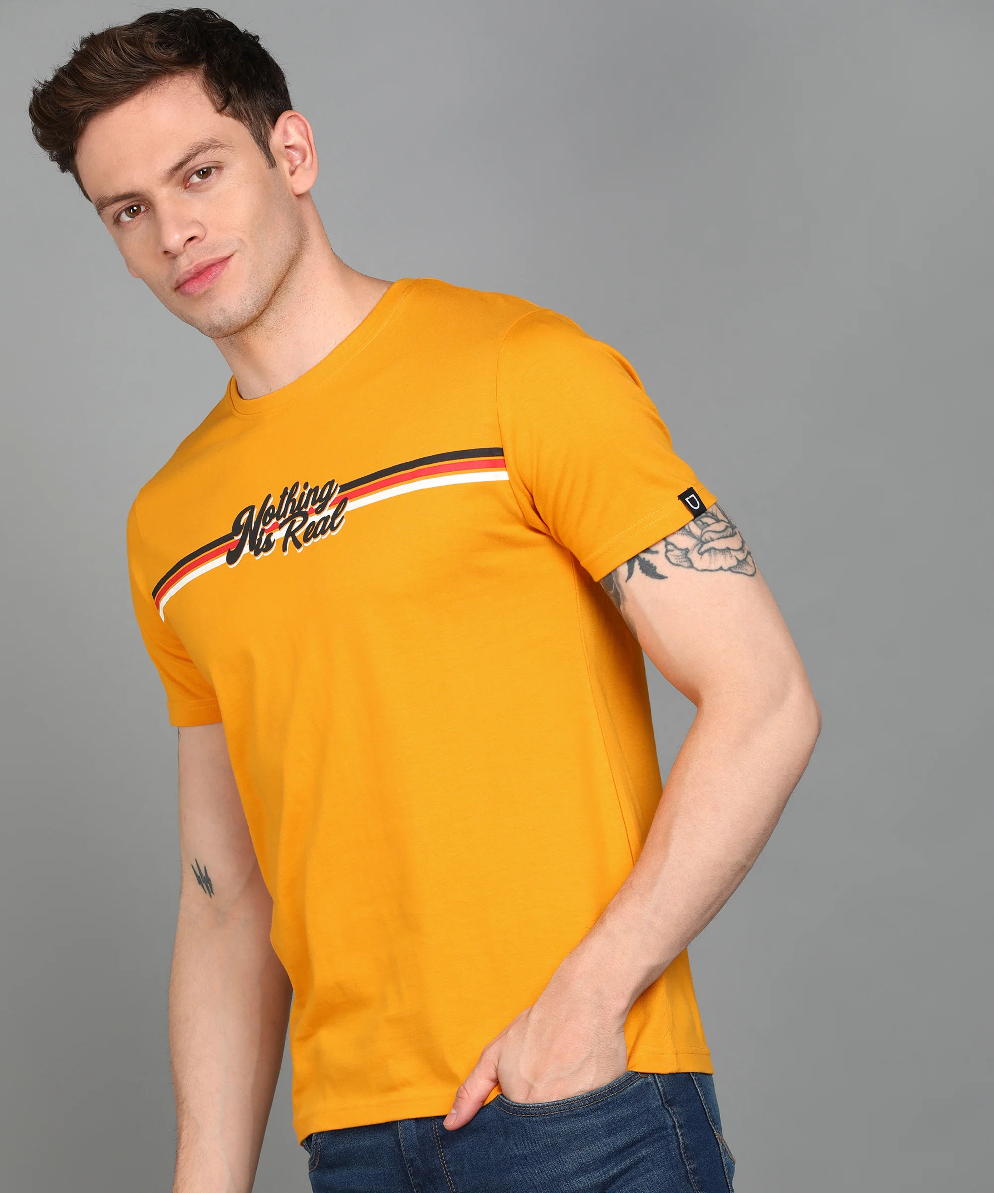 Urbano Fashion Men's Yellow Graphic Printed Round Neck Half Sleeve Slim Fit Cotton T-Shirt - Image 2
