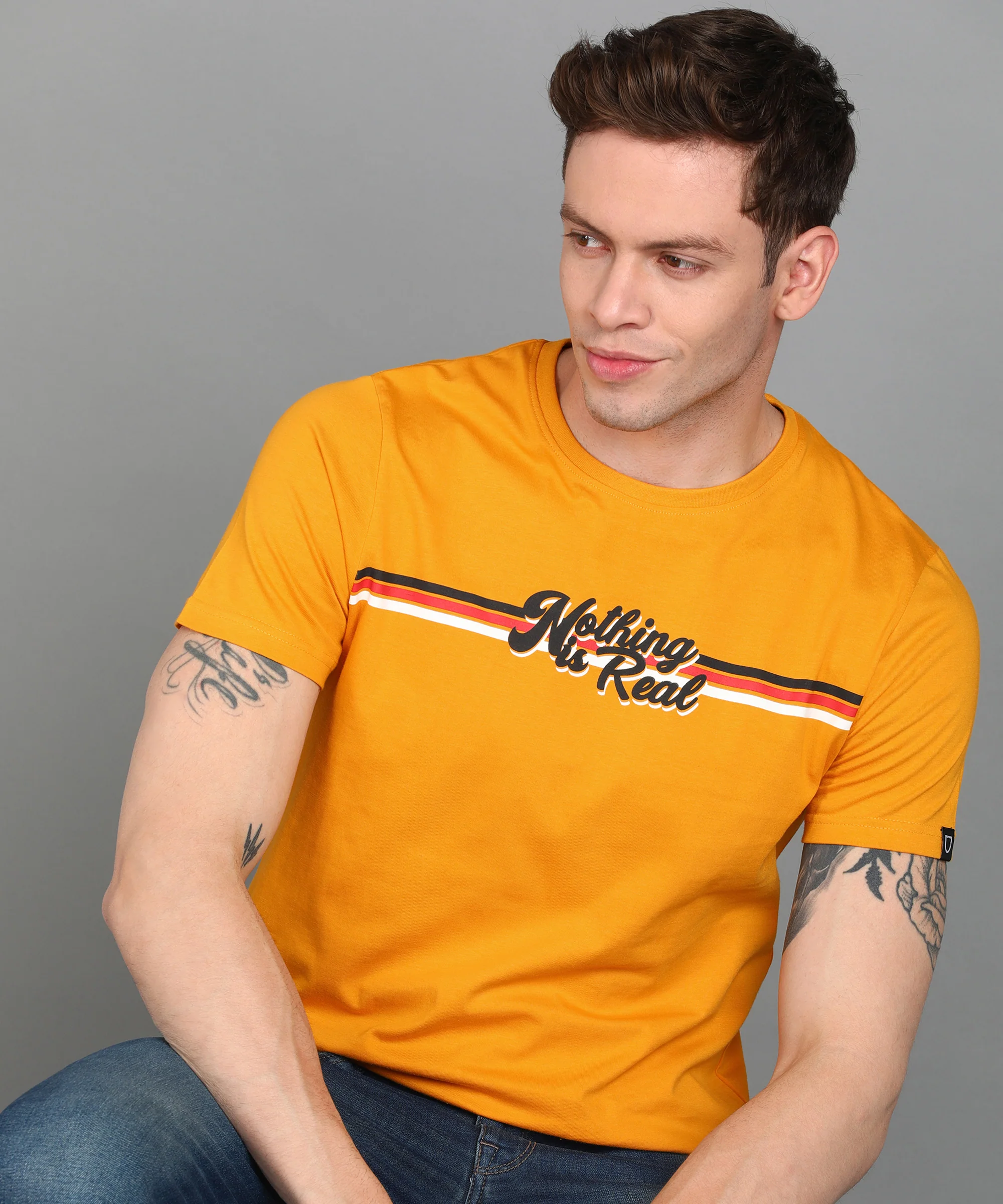 Urbano Fashion Men's Yellow Graphic Printed Round Neck Half Sleeve Slim Fit Cotton T-Shirt - Image 4