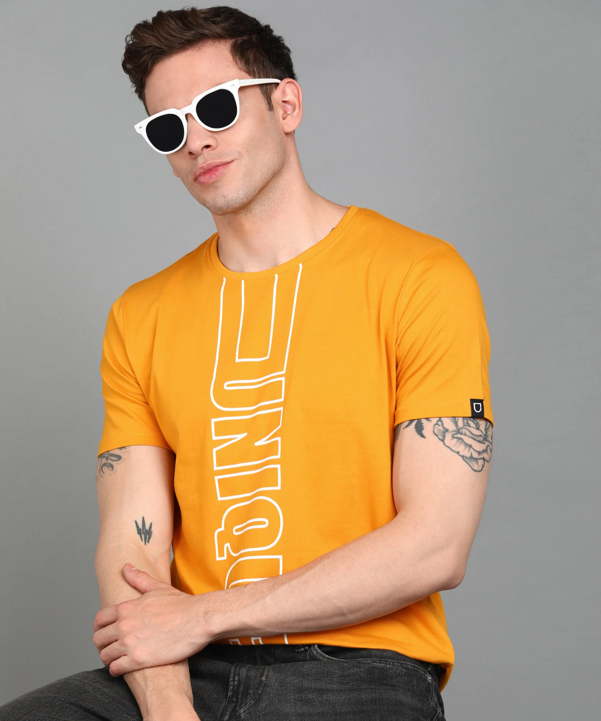 Urbano Fashion Men's Yellow Graphic Printed Round Neck Half Sleeve Slim Fit Cotton T-Shirt - Image 3