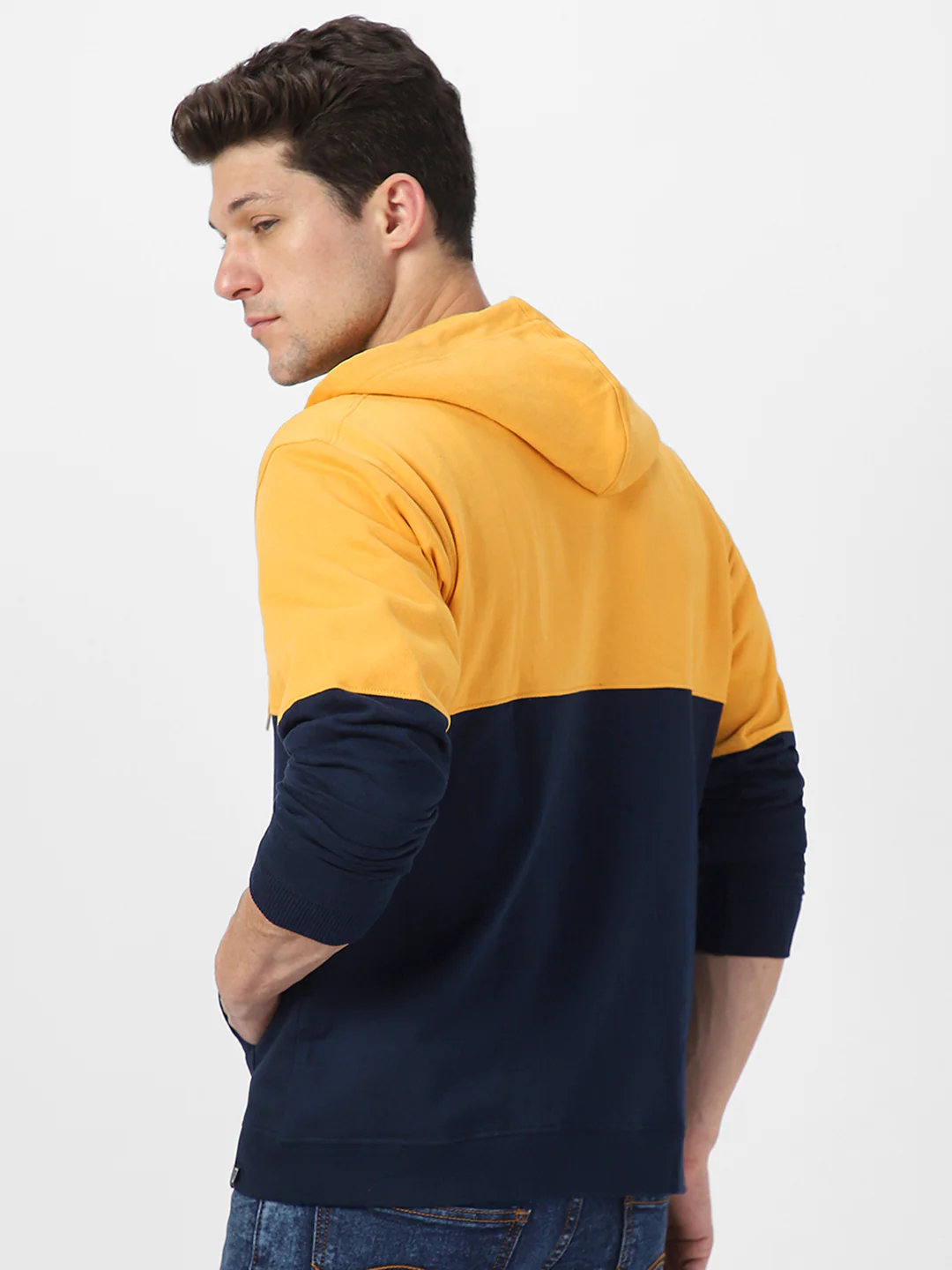 Men's Yellow, Navy Color Block Cotton Zippered Hooded Sweatshirt - Image 3