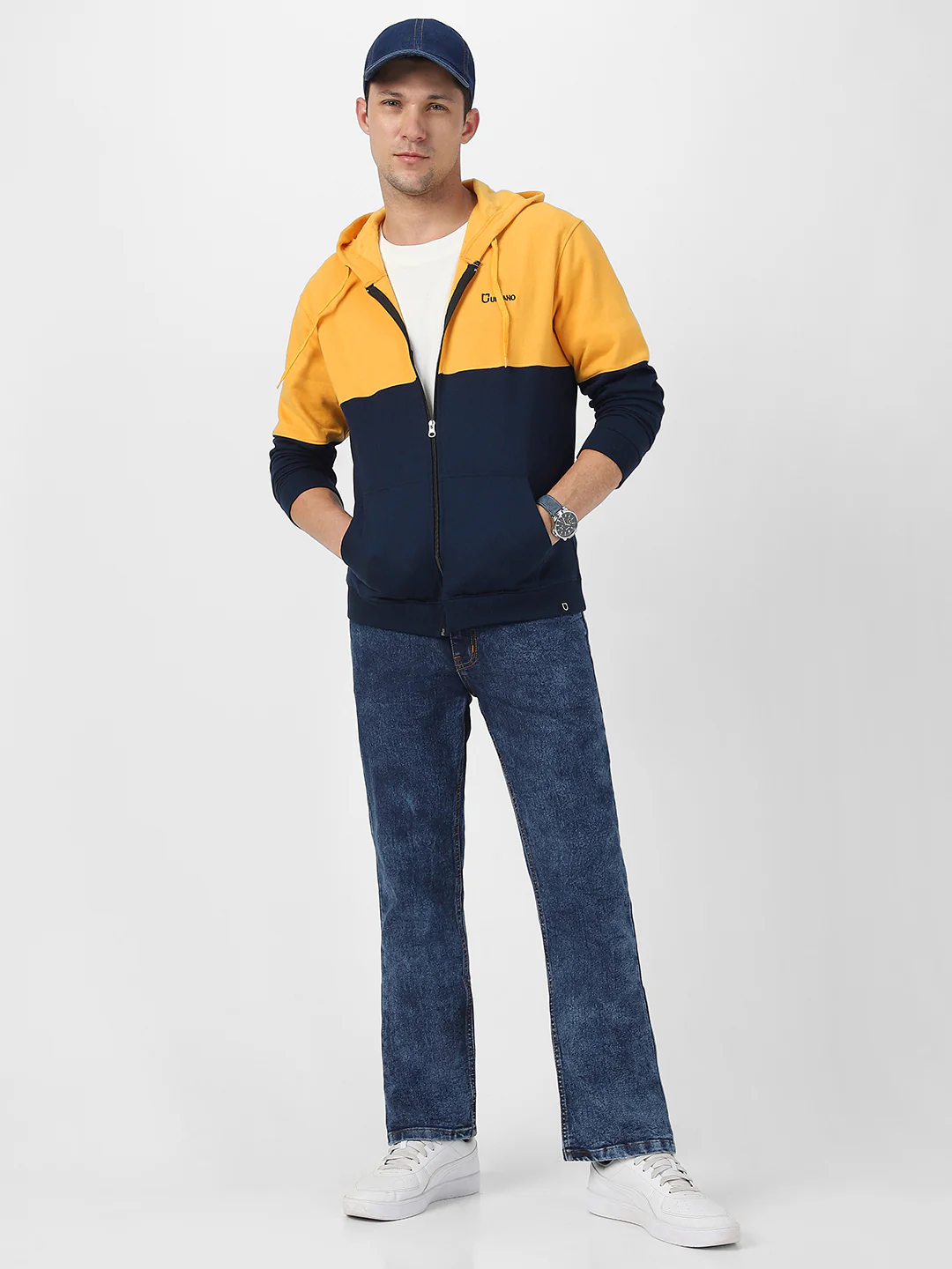 Men's Yellow, Navy Color Block Cotton Zippered Hooded Sweatshirt - Image 4