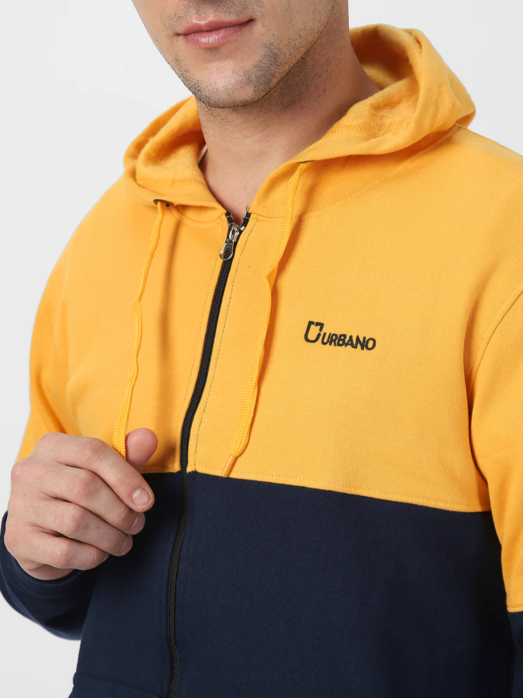 Men's Yellow, Navy Color Block Cotton Zippered Hooded Sweatshirt - Image 5