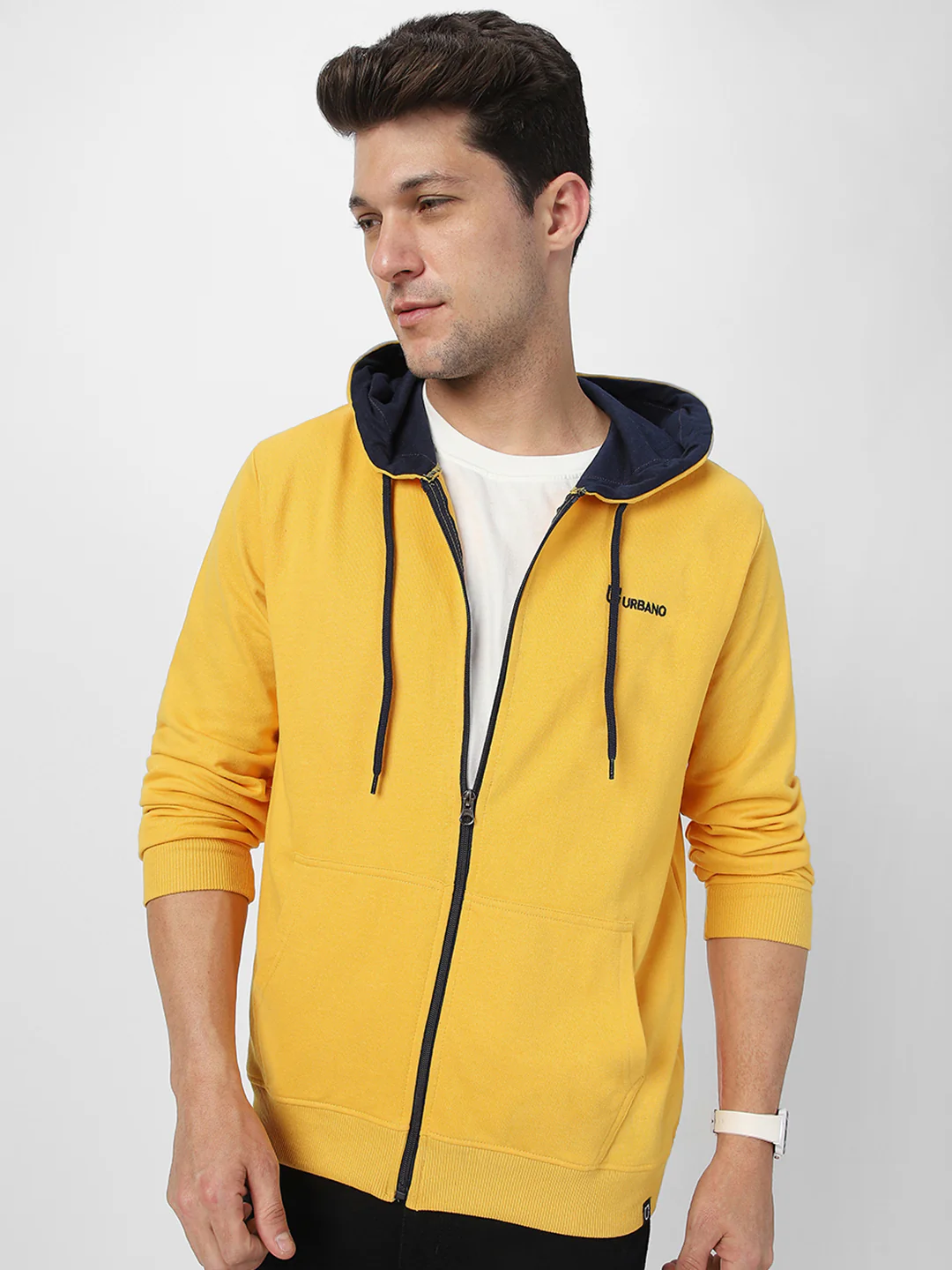 Men's Yellow, Navy Cotton Zippered Hooded Sweatshirt - Image 2