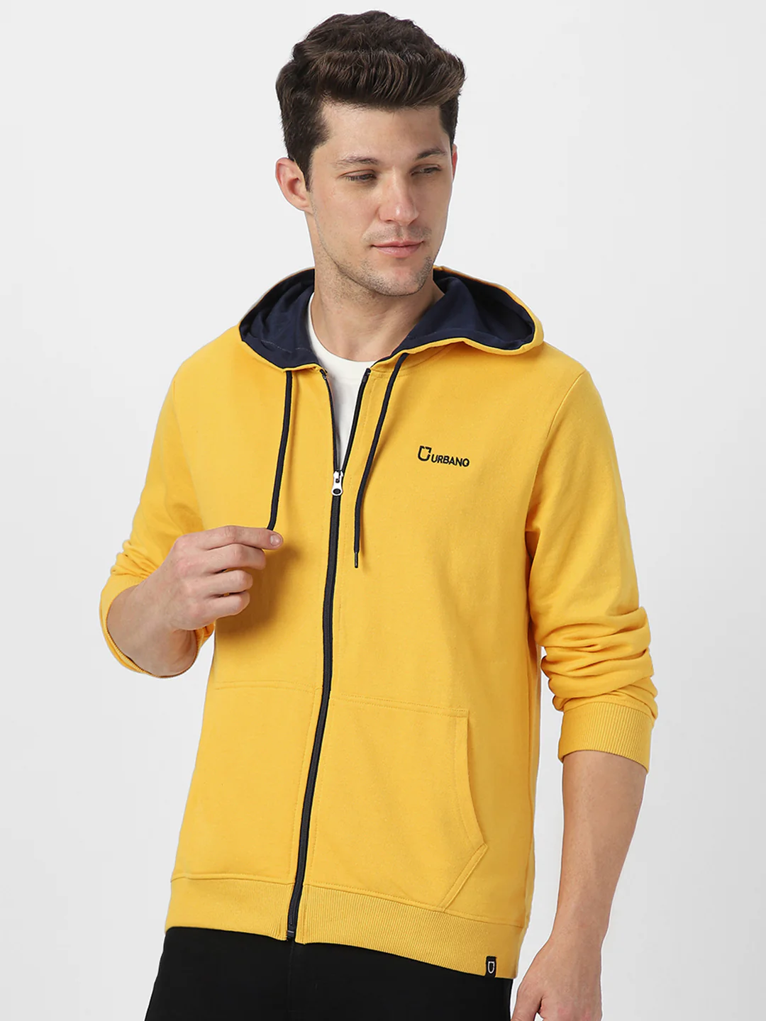 Men's Yellow, Navy Cotton Zippered Hooded Sweatshirt - Image 3