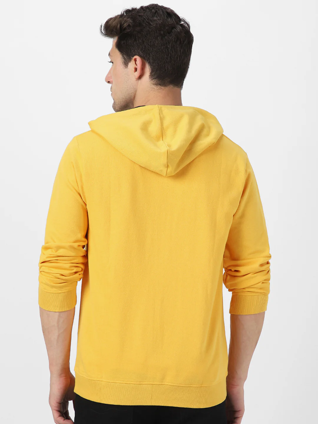 Men's Yellow, Navy Cotton Zippered Hooded Sweatshirt - Image 4