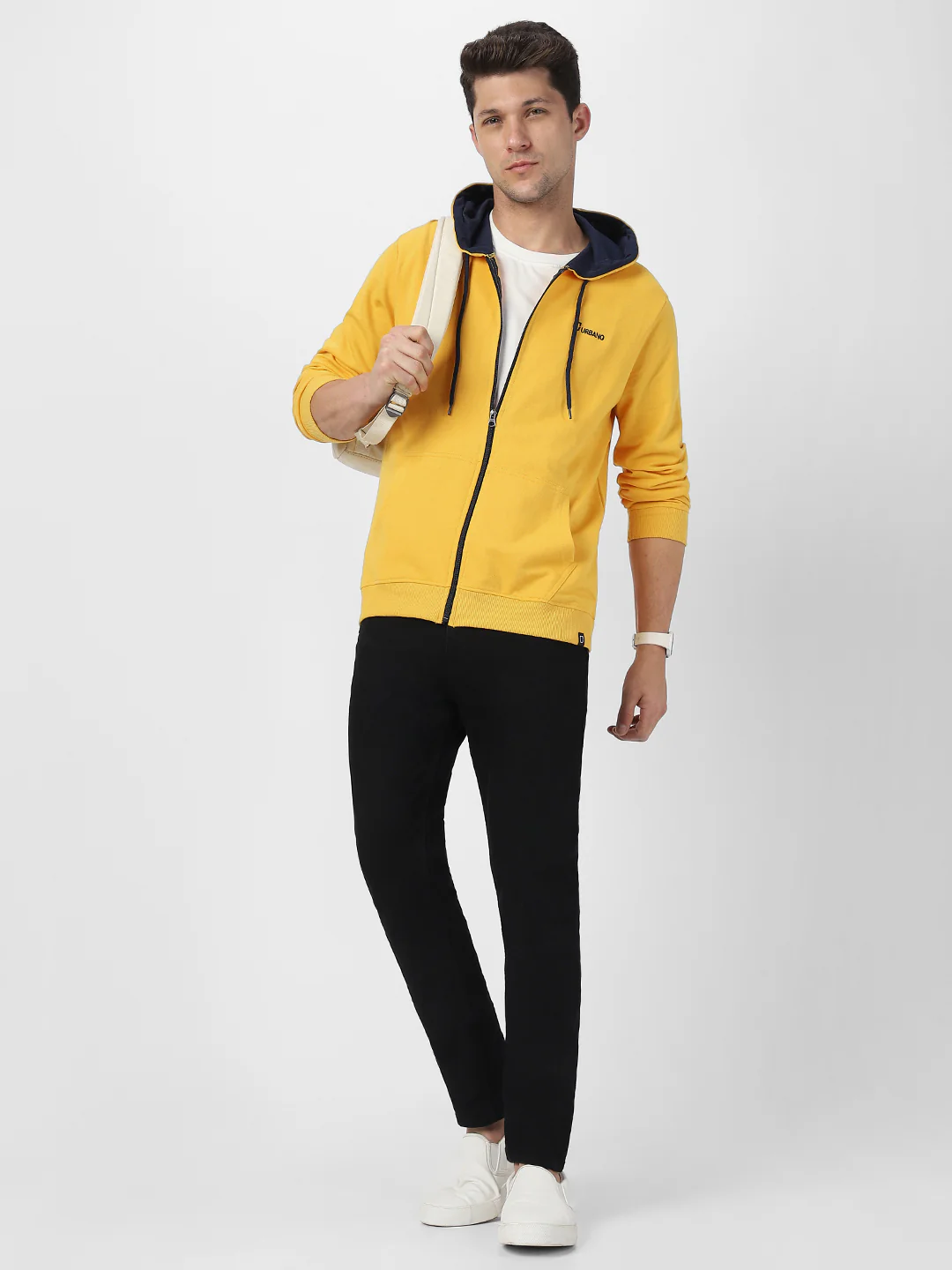 Men's Yellow, Navy Cotton Zippered Hooded Sweatshirt - Image 5