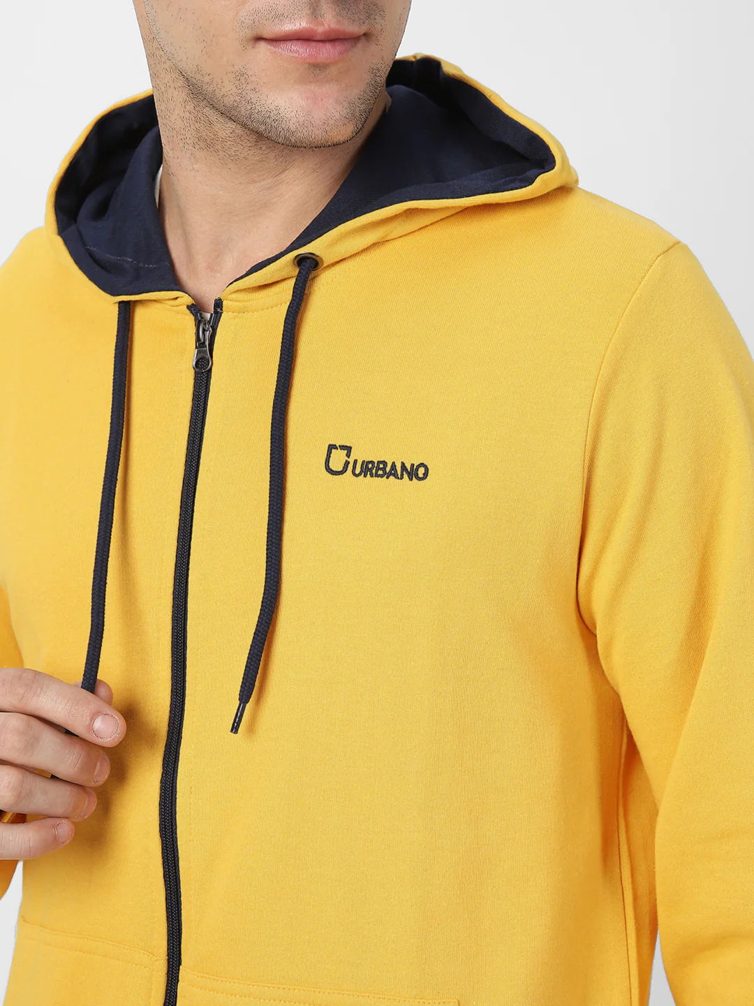 Men's Yellow, Navy Cotton Zippered Hooded Sweatshirt - Image 6