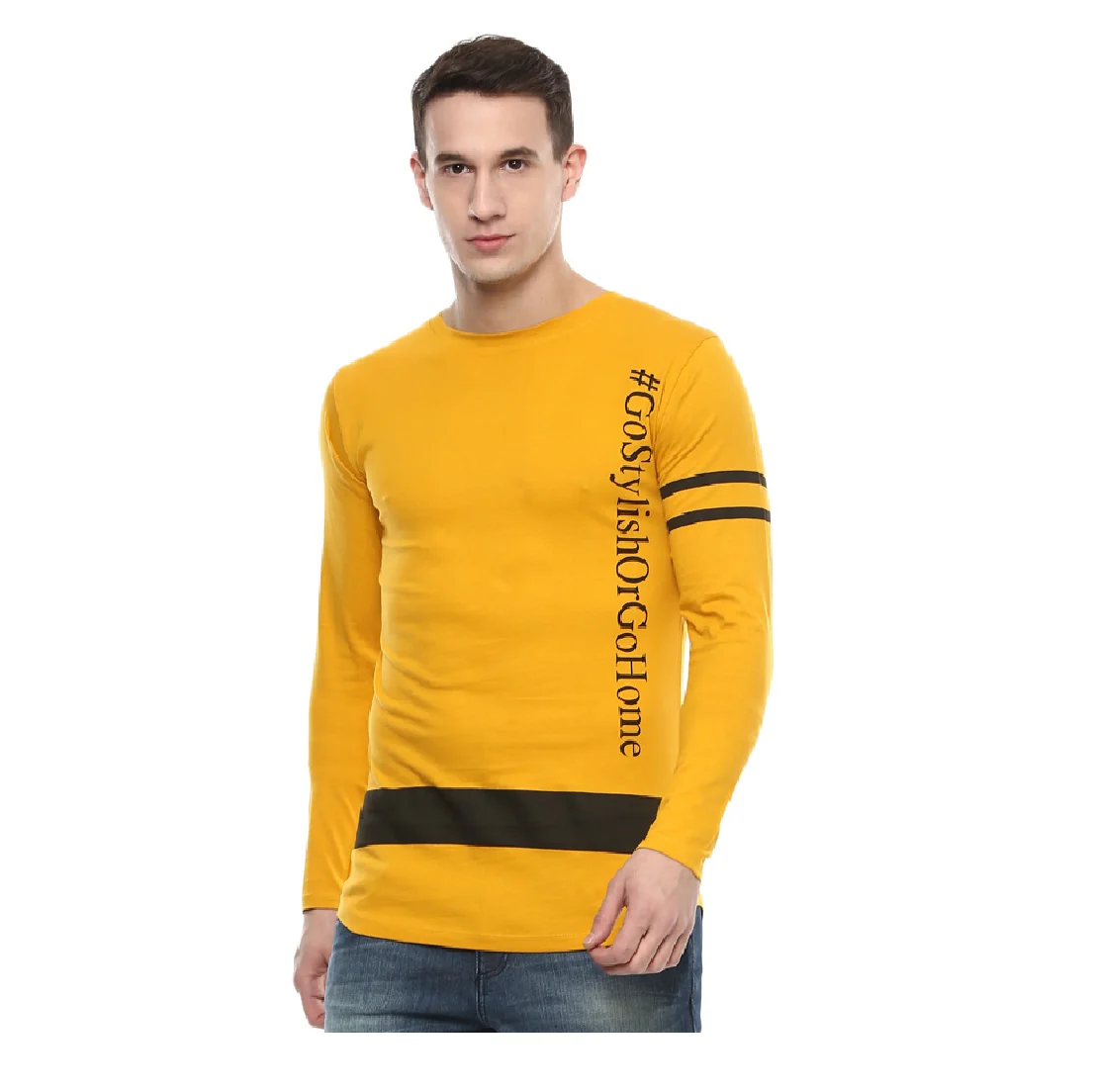 Men's Yellow Printed Full Sleeve Cotton T-Shirt - Image 2