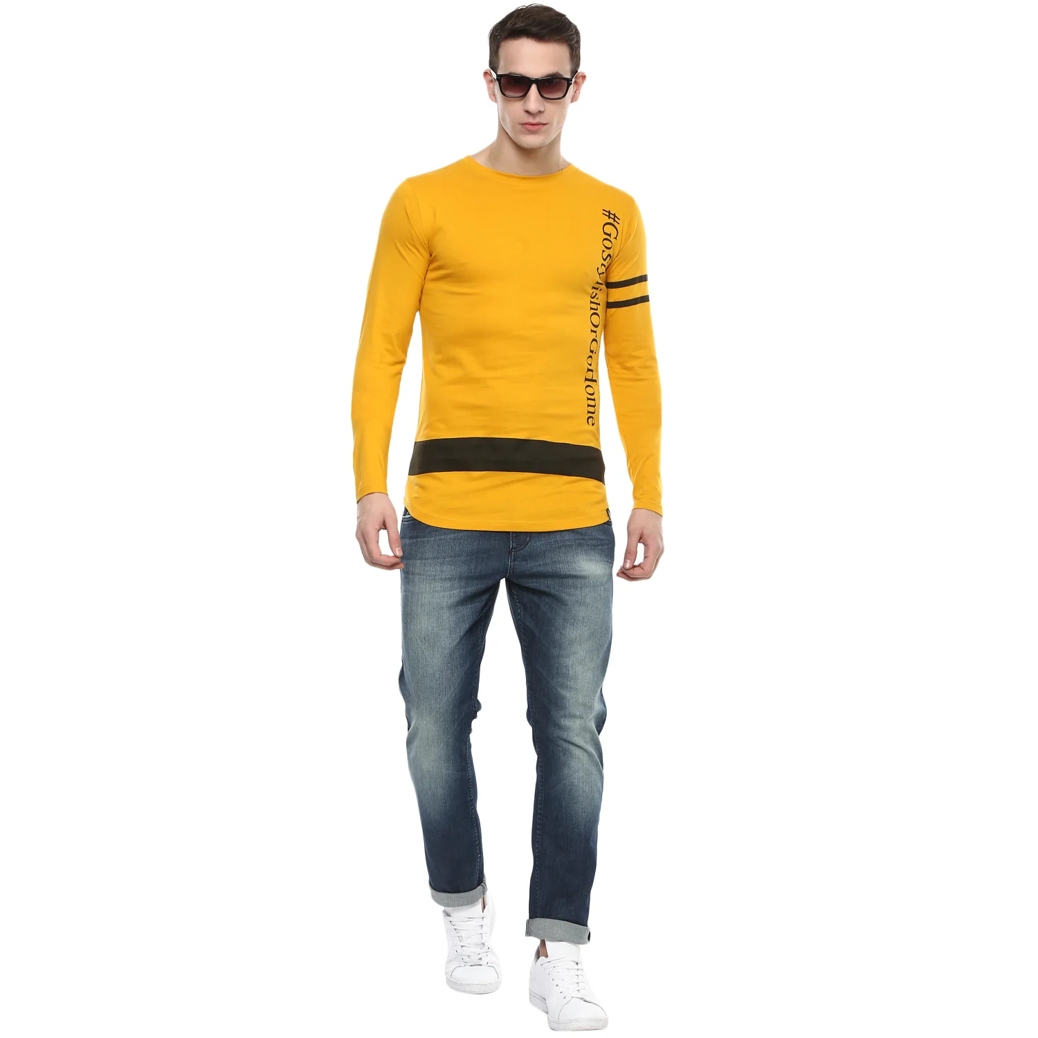 Men's Yellow Printed Full Sleeve Cotton T-Shirt - Image 3