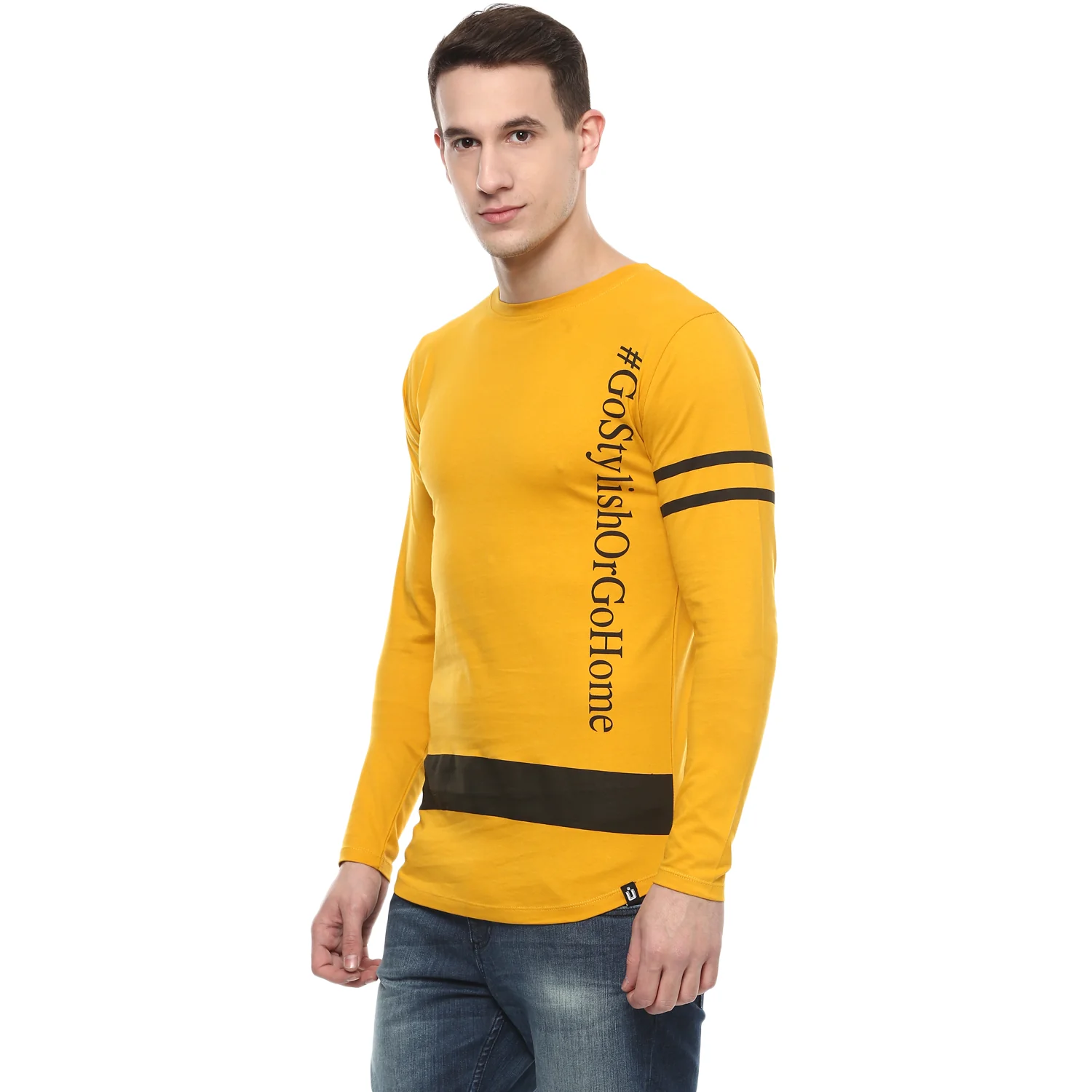 Men's Yellow Printed Full Sleeve Cotton T-Shirt - Image 4