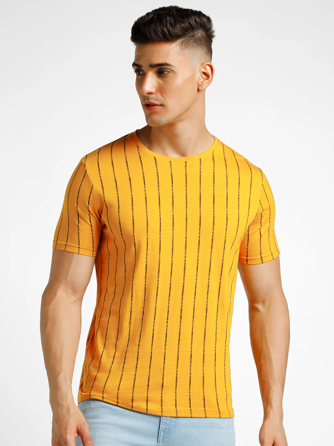 Men's Yellow Printed Round Neck Half Sleeve Slim Fit Cotton T-Shirt