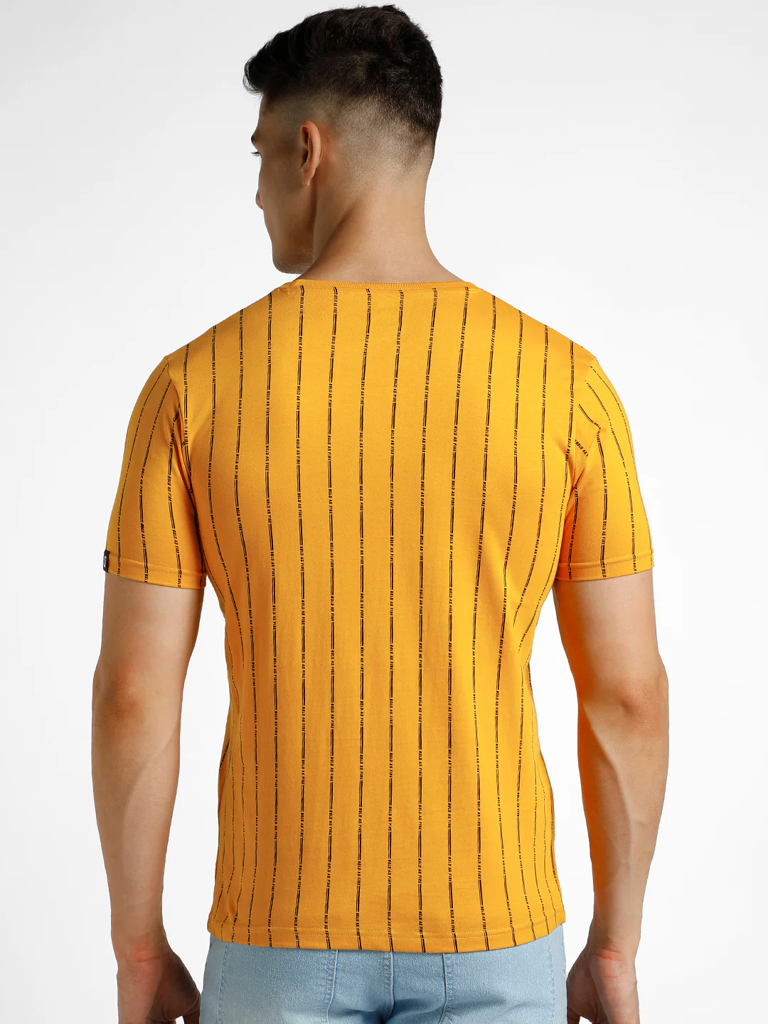 Men's Yellow Printed Round Neck Half Sleeve Slim Fit Cotton T-Shirt - Image 3