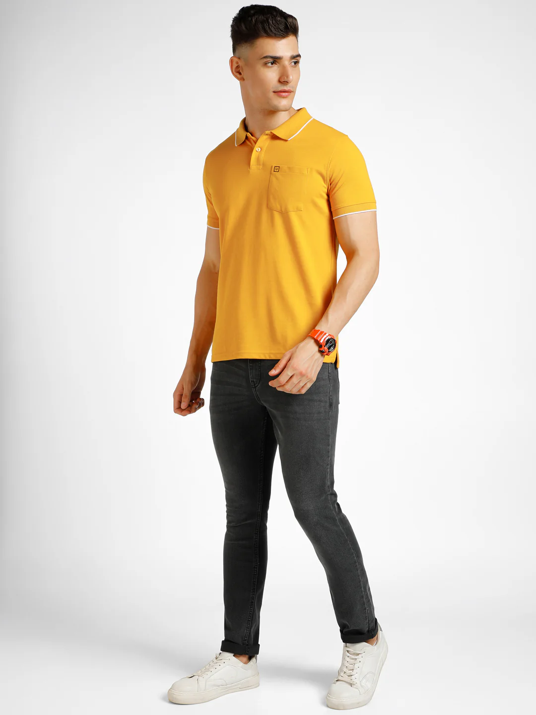Men's Yellow Solid Slim Fit Half Sleeve Cotton Polo T-Shirt - Image 4