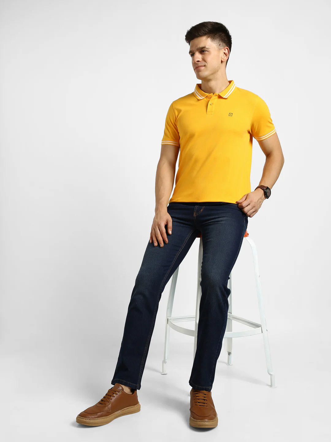 Men's Yellow Solid Slim Fit Half Sleeve Cotton Polo T-Shirt - Image 4