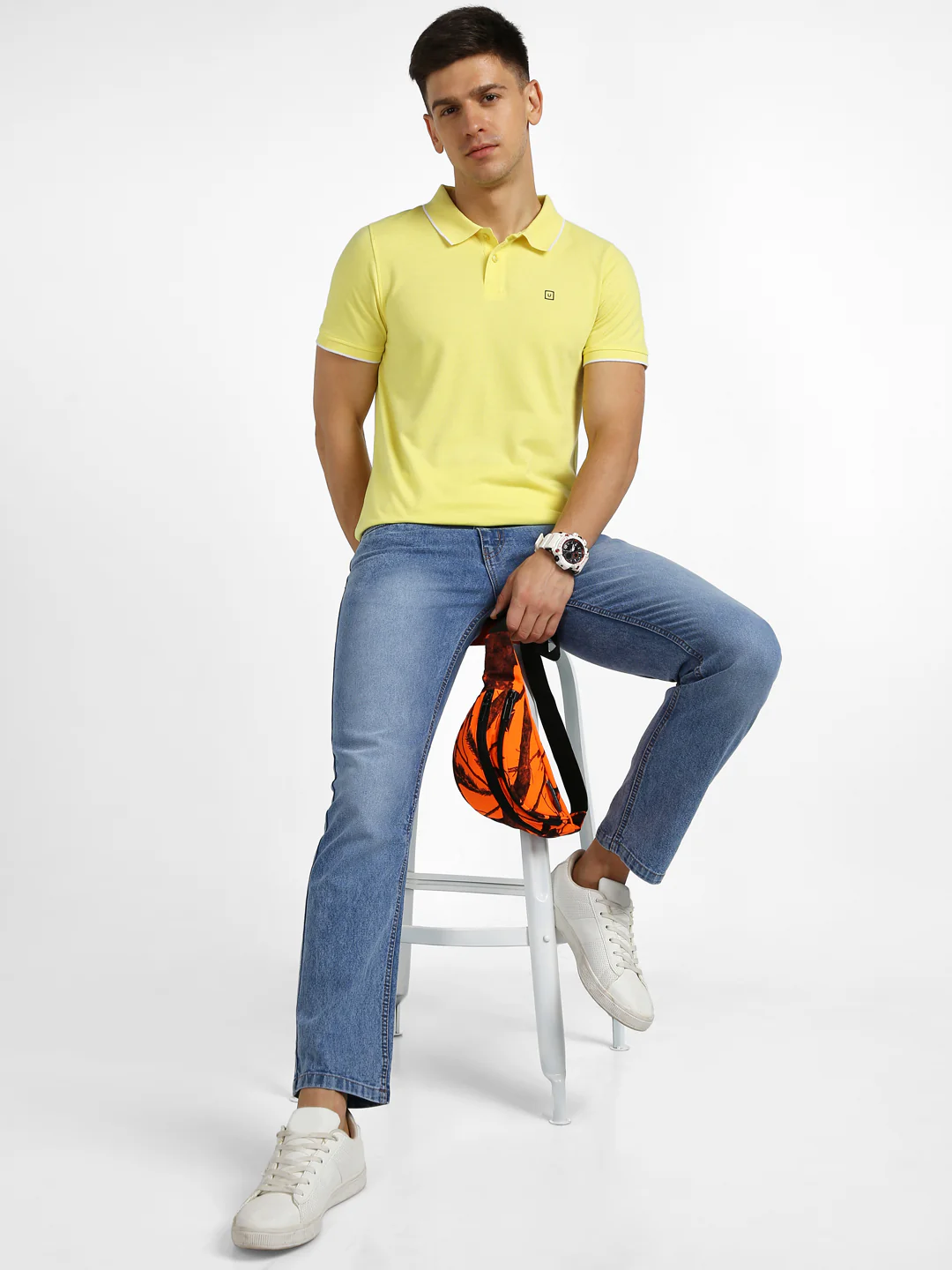 Men's Yellow Solid Slim Fit Half Sleeve Cotton Polo T-Shirt - Image 4