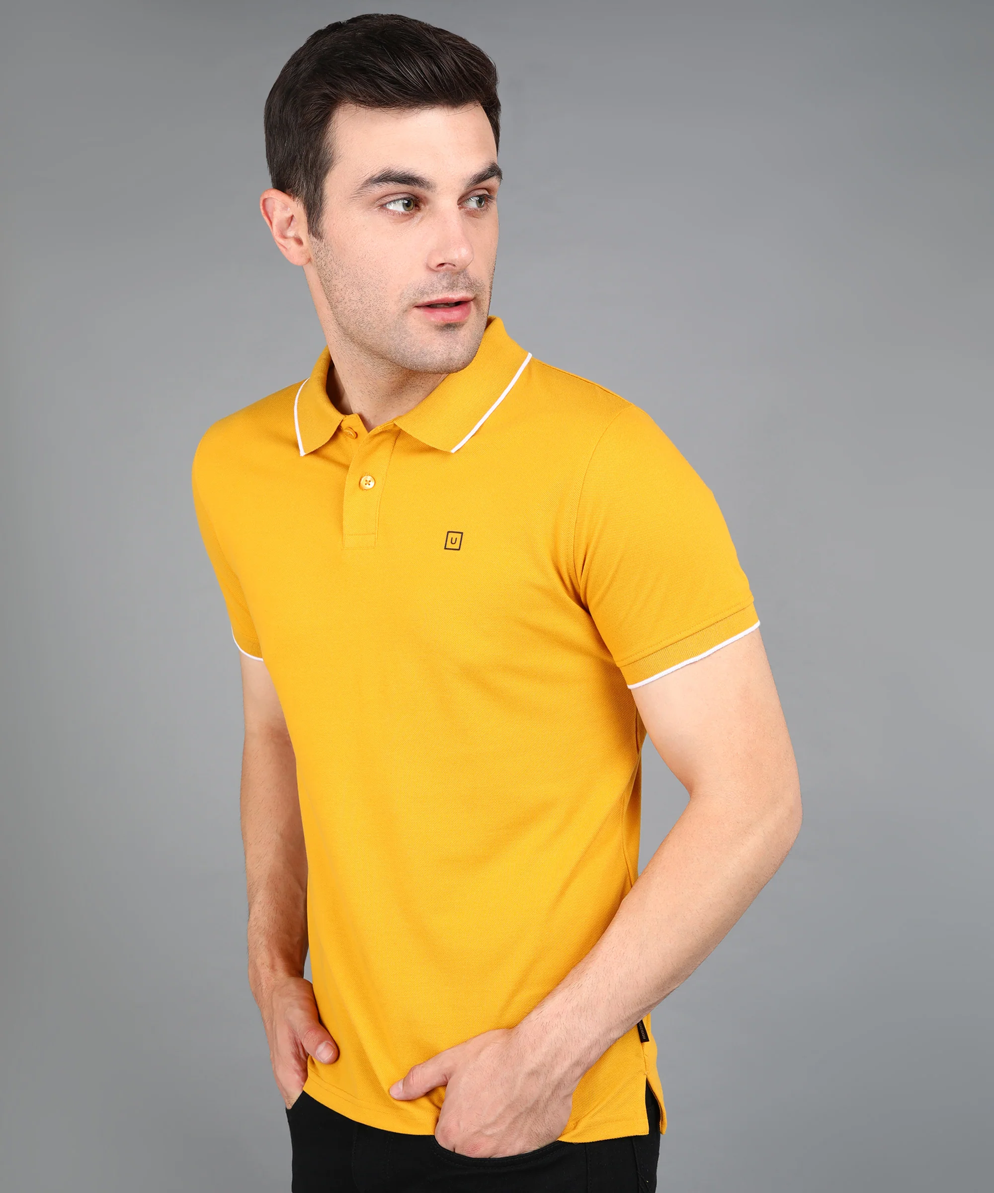 Men's Yellow Solid Slim Fit Half Sleeve Cotton Polo T-Shirt - Image 2