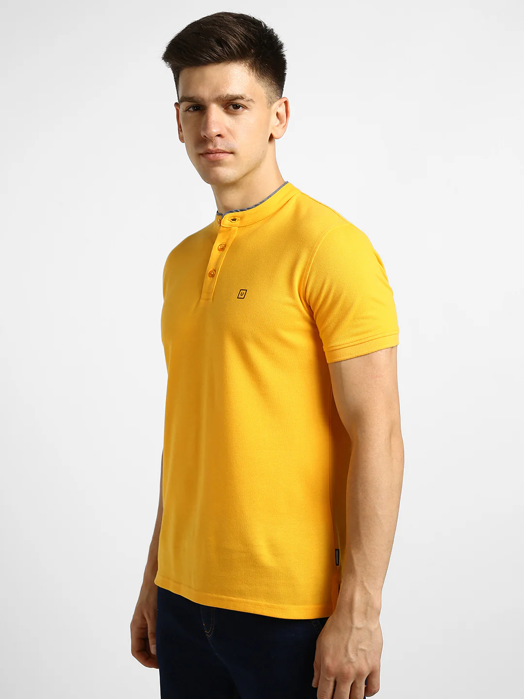 Men's Yellow Solid Slim Fit Half Sleeve Cotton Polo T-Shirt with Mandarin Collar - Image 2