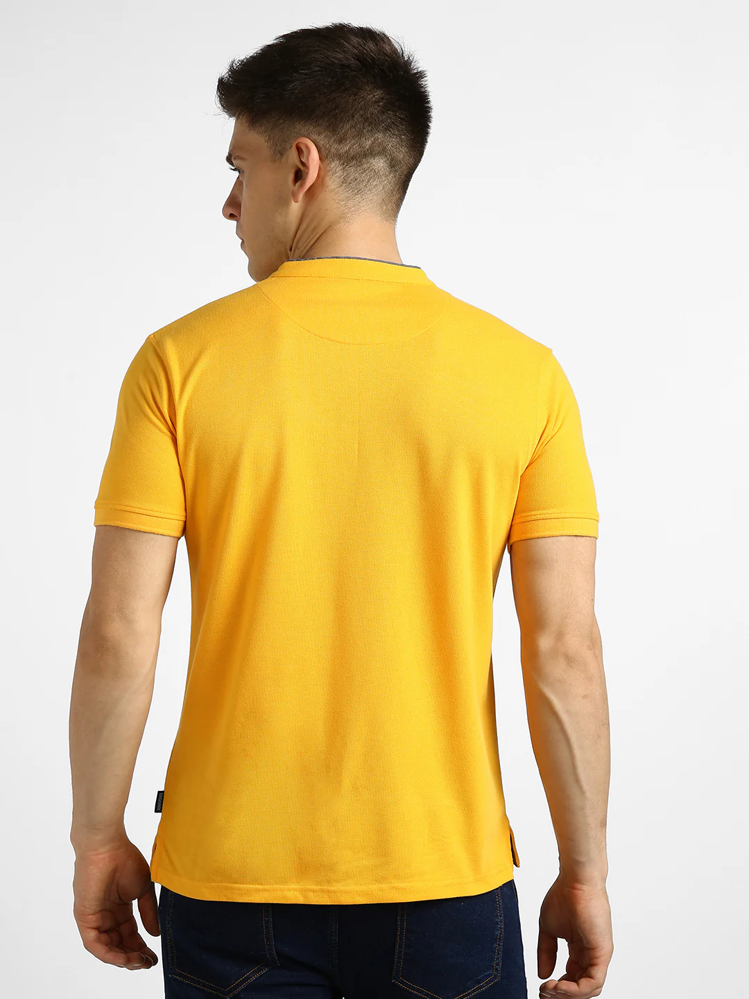 Men's Yellow Solid Slim Fit Half Sleeve Cotton Polo T-Shirt with Mandarin Collar - Image 3