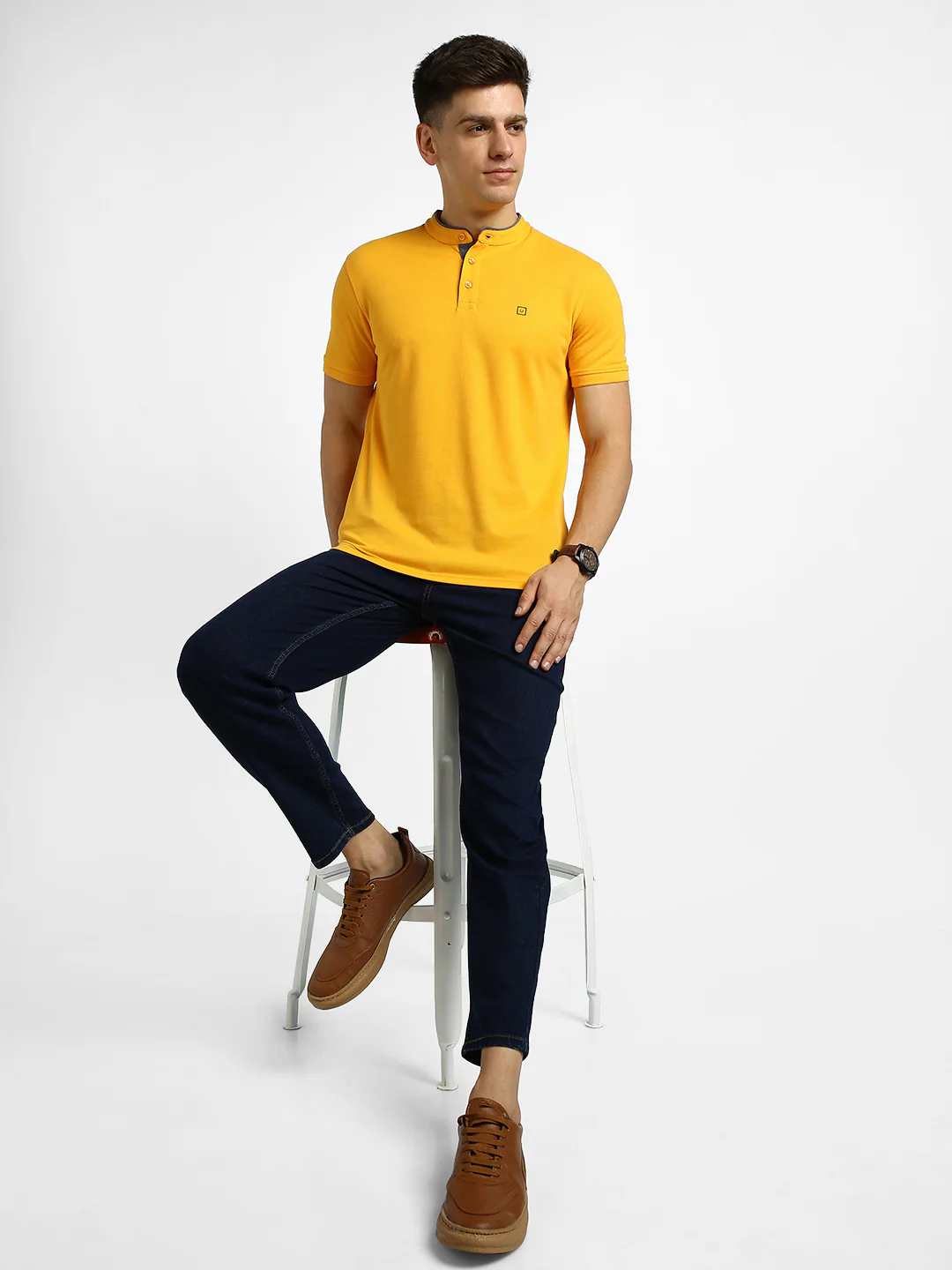 Men's Yellow Solid Slim Fit Half Sleeve Cotton Polo T-Shirt with Mandarin Collar - Image 4