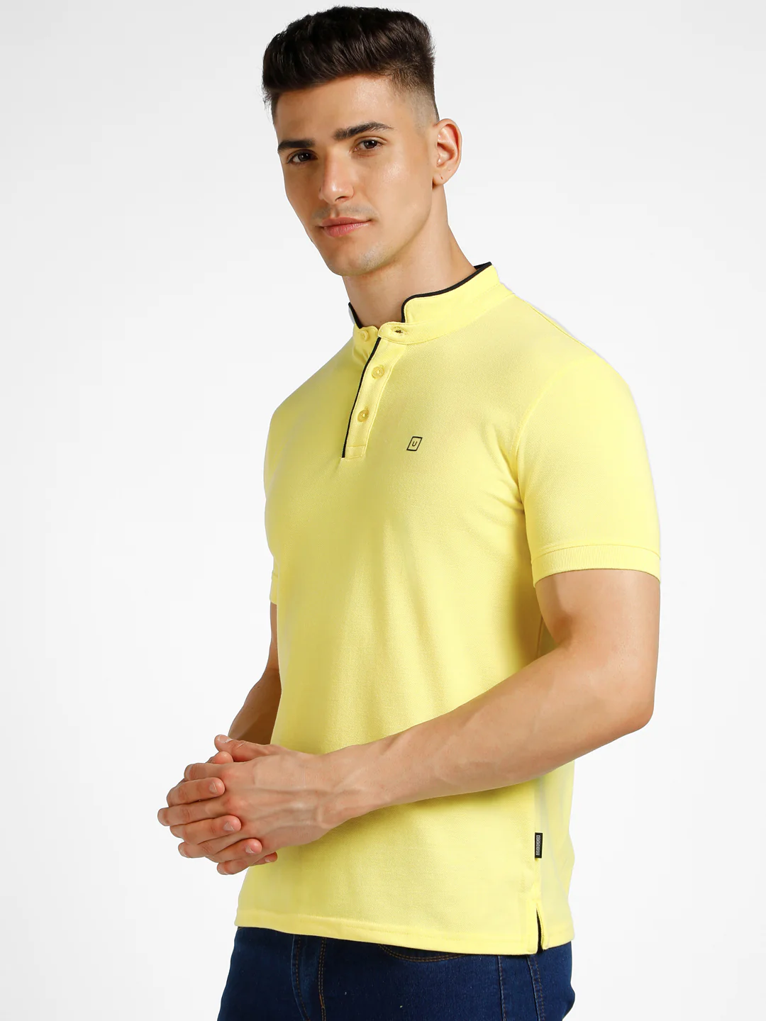 Men's Yellow Solid Slim Fit Half Sleeve Cotton Polo T-Shirt with Mandarin Collar - Image 2