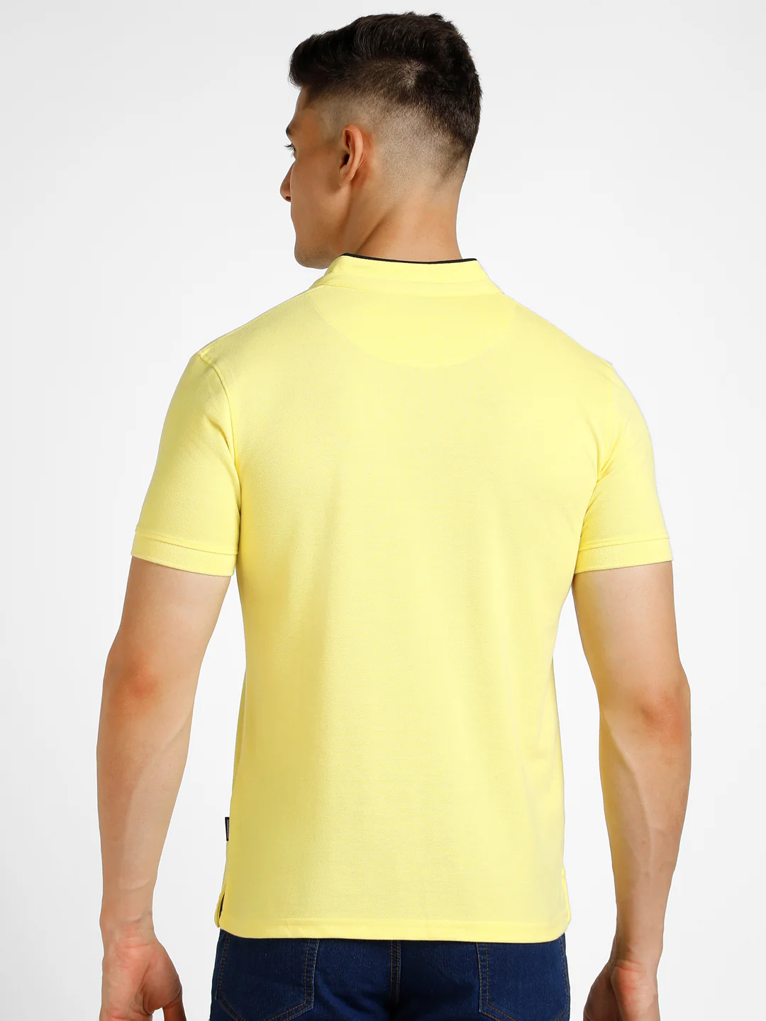 Men's Yellow Solid Slim Fit Half Sleeve Cotton Polo T-Shirt with Mandarin Collar - Image 3