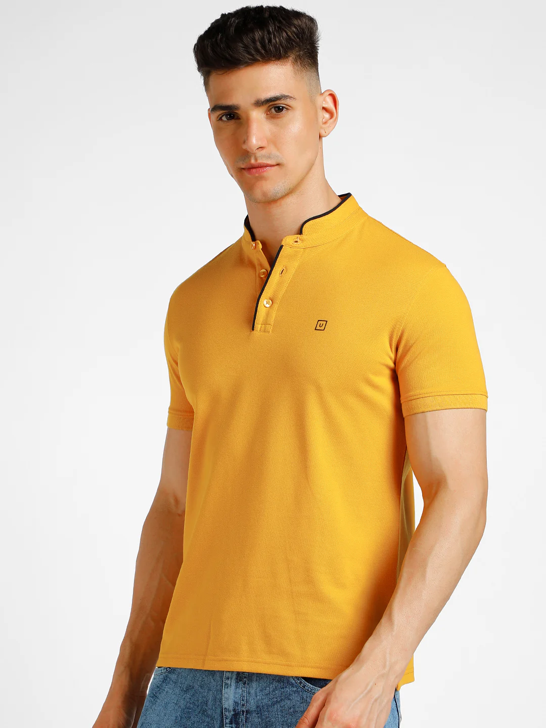 Men's Yellow Solid Slim Fit Half Sleeve Cotton Polo T-Shirt with Mandarin Collar - Image 2