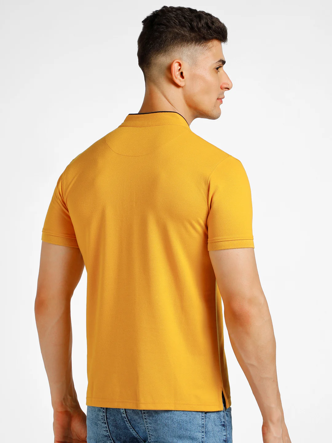 Men's Yellow Solid Slim Fit Half Sleeve Cotton Polo T-Shirt with Mandarin Collar - Image 3