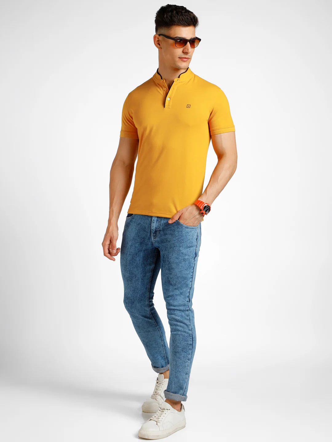Men's Yellow Solid Slim Fit Half Sleeve Cotton Polo T-Shirt with Mandarin Collar - Image 4