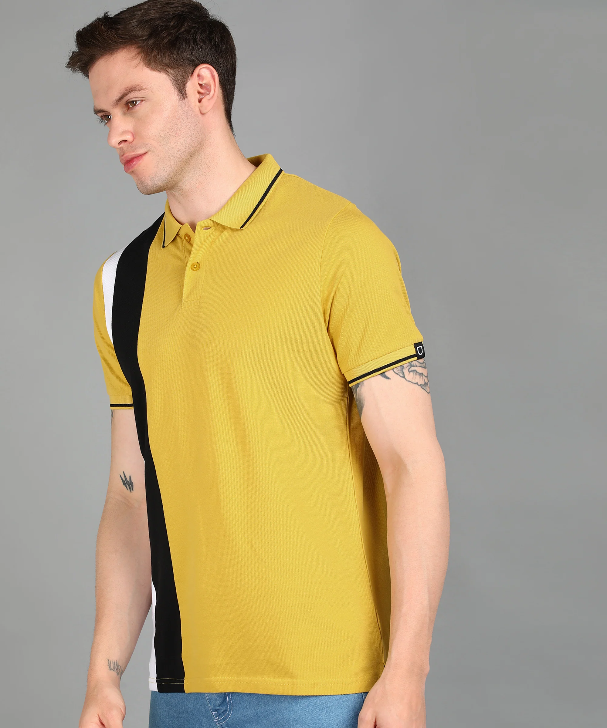 Men's Yellow, White, Black Colour-Block Slim Fit Half Sleeve Cotton Polo T-Shirt - Image 2