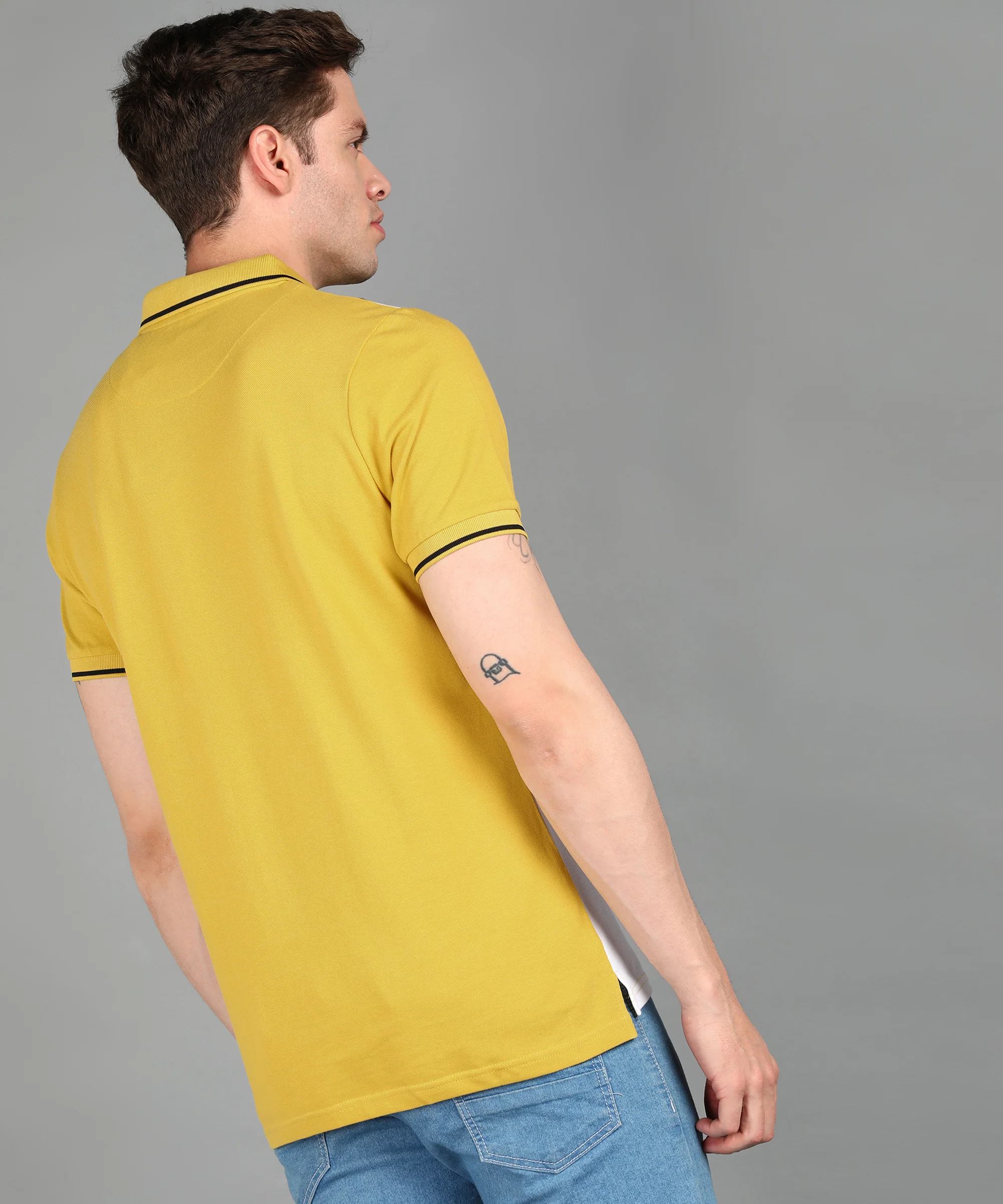 Men's Yellow, White, Black Colour-Block Slim Fit Half Sleeve Cotton Polo T-Shirt - Image 3