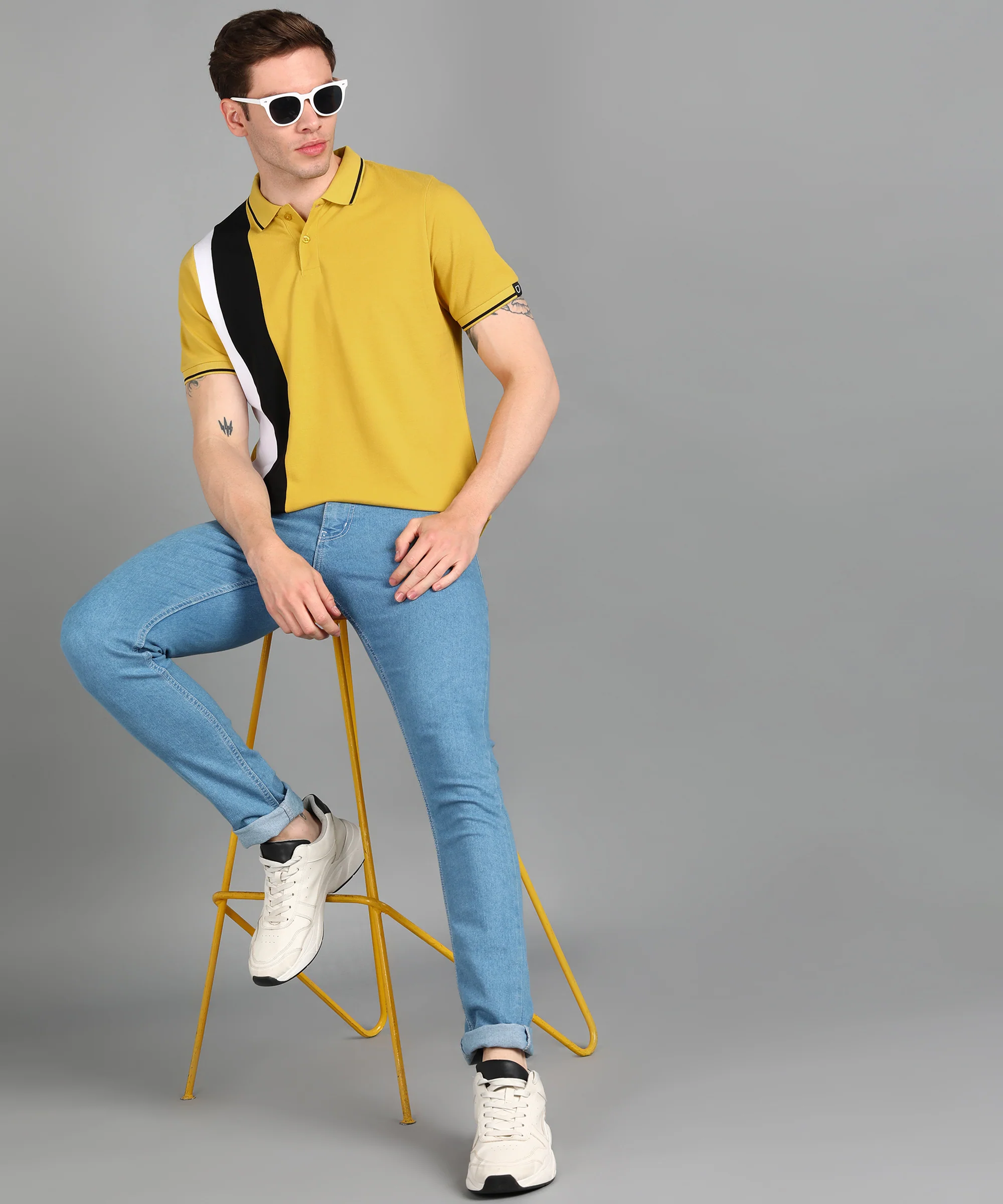Men's Yellow, White, Black Colour-Block Slim Fit Half Sleeve Cotton Polo T-Shirt - Image 4