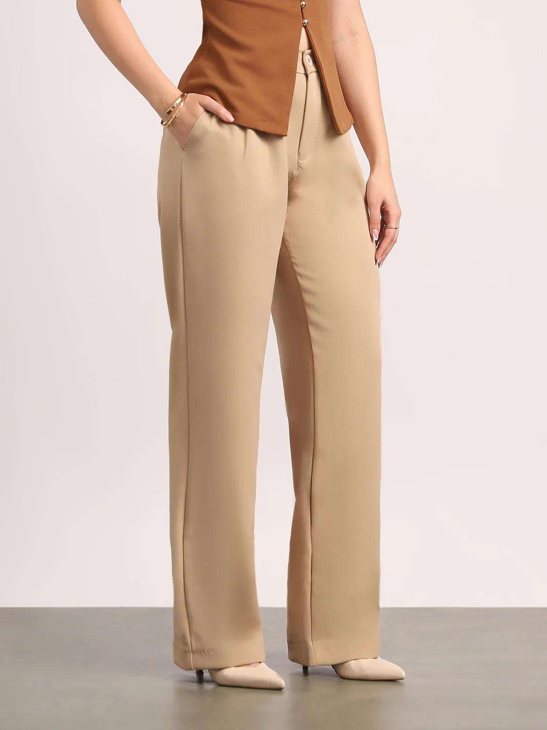 Women's Beige Loose Baggy Fit Solid Korean Pants Stretchable - Image 2