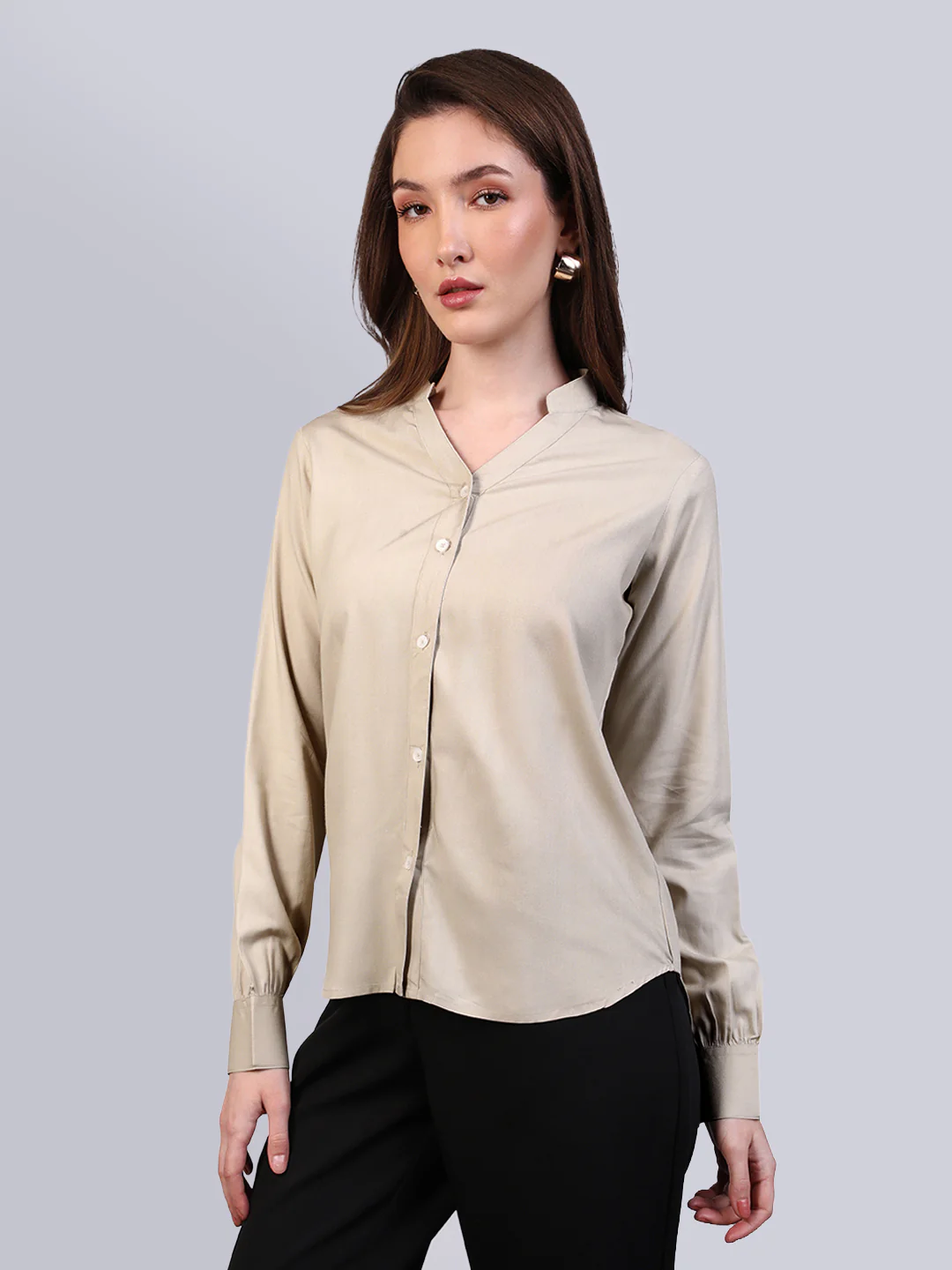 Women's Beige Modal Viscose Full Sleeve Regular Fit Casual Solid Shirt with Mandarin Collar - Image 3