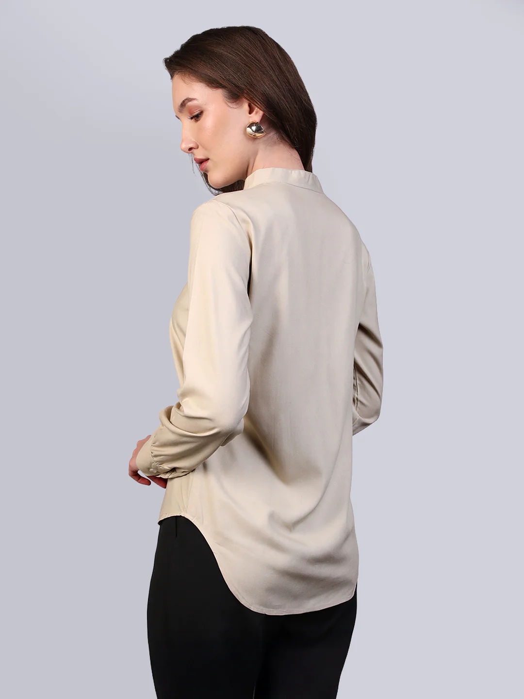 Women's Beige Modal Viscose Full Sleeve Regular Fit Casual Solid Shirt with Mandarin Collar - Image 4