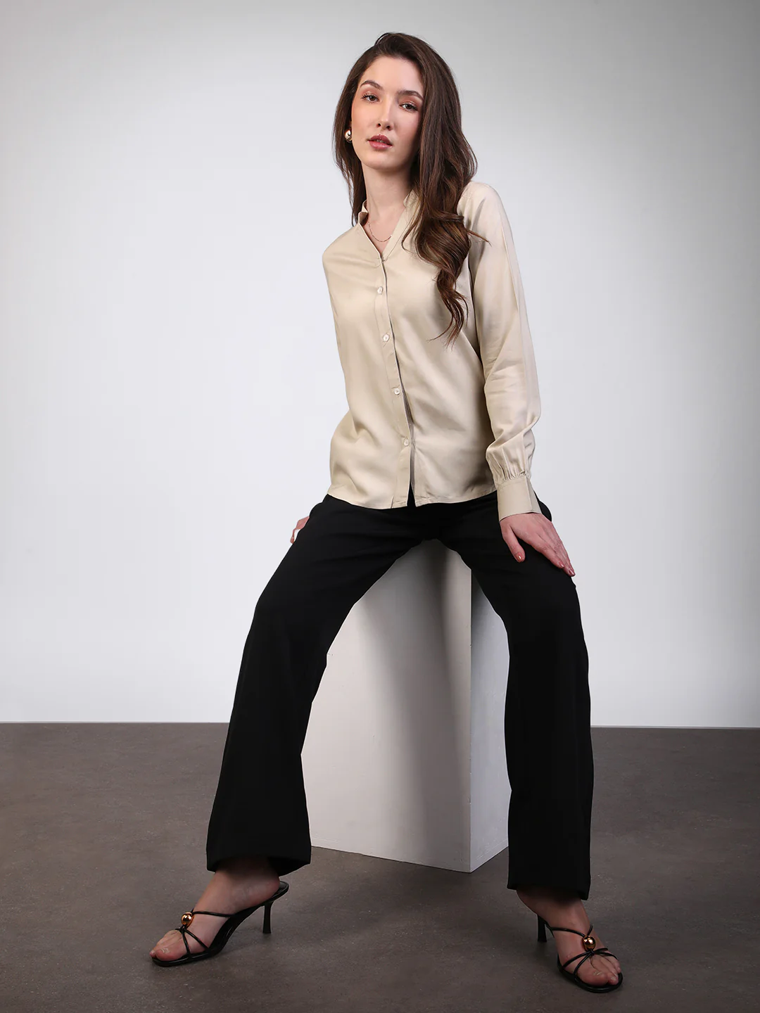 Women's Beige Modal Viscose Full Sleeve Regular Fit Casual Solid Shirt with Mandarin Collar - Image 5