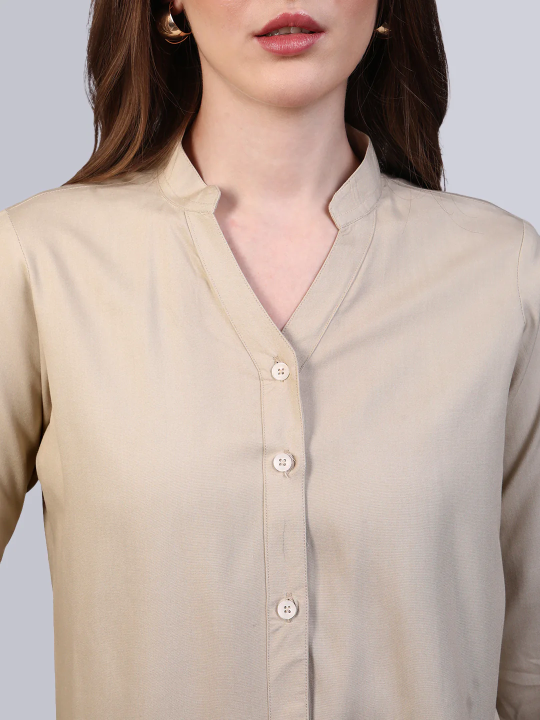 Women's Beige Modal Viscose Full Sleeve Regular Fit Casual Solid Shirt with Mandarin Collar - Image 6