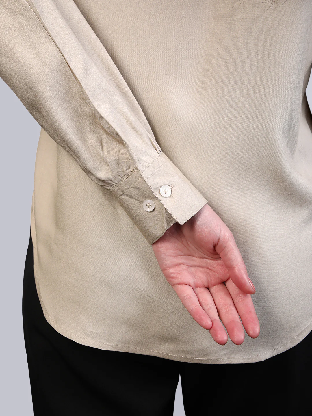 Women's Beige Modal Viscose Full Sleeve Regular Fit Casual Solid Shirt with Mandarin Collar - Image 7
