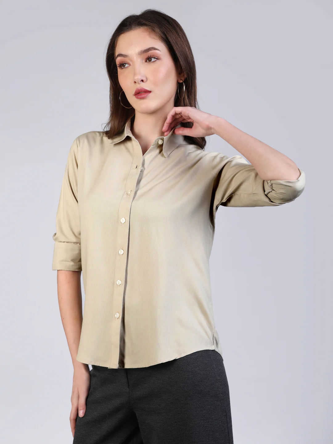 Women's Beige Modal Viscose Full Sleeve Regular Fit Casual Solid Shirt with Regular Collar - Image 3