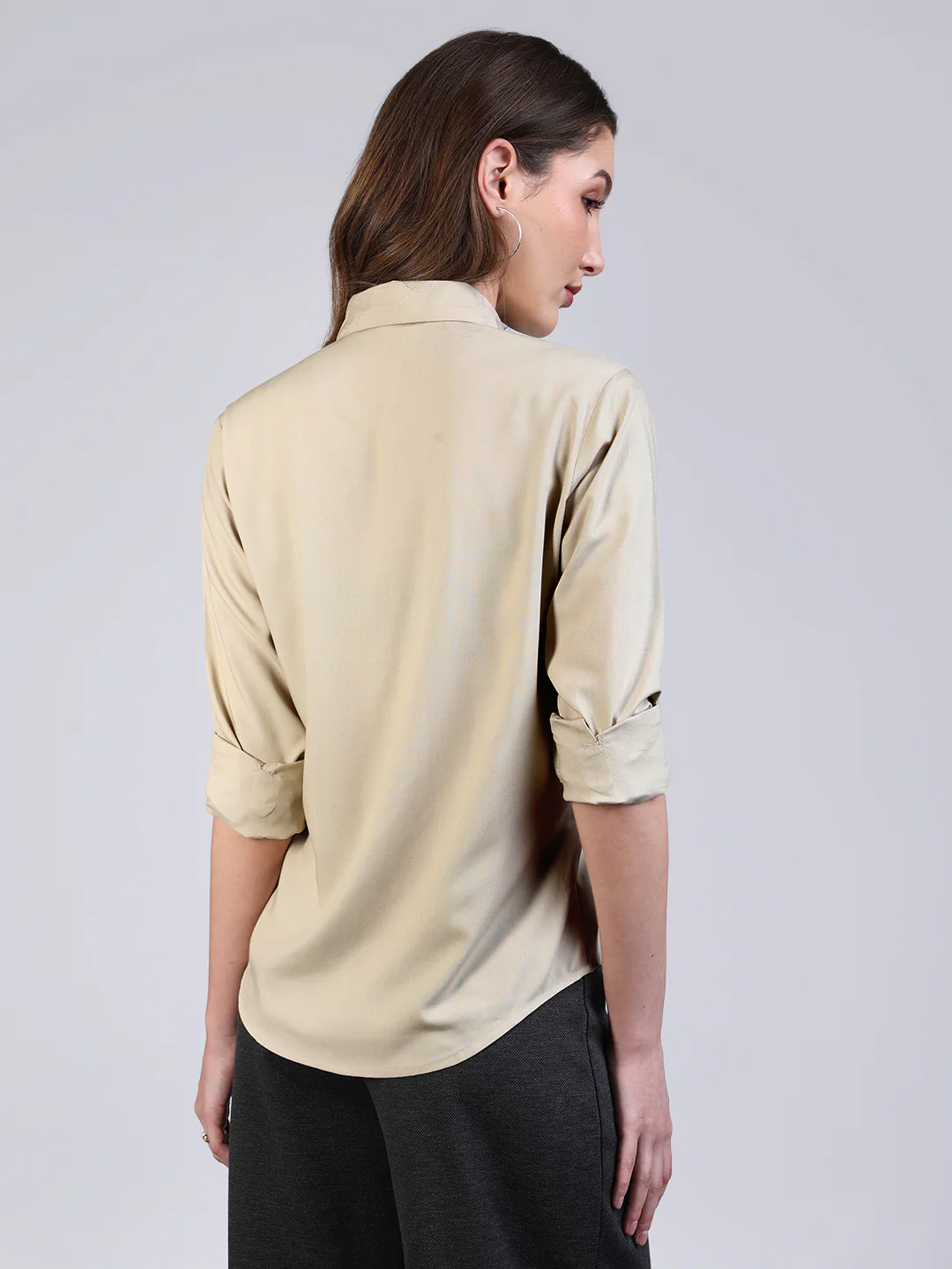Women's Beige Modal Viscose Full Sleeve Regular Fit Casual Solid Shirt with Regular Collar - Image 4