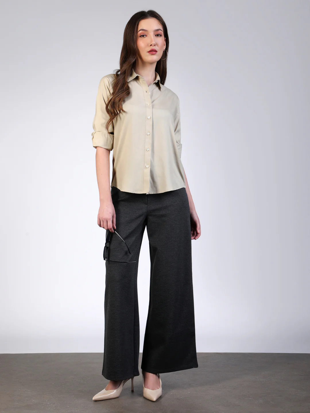 Women's Beige Modal Viscose Full Sleeve Regular Fit Casual Solid Shirt with Regular Collar - Image 5