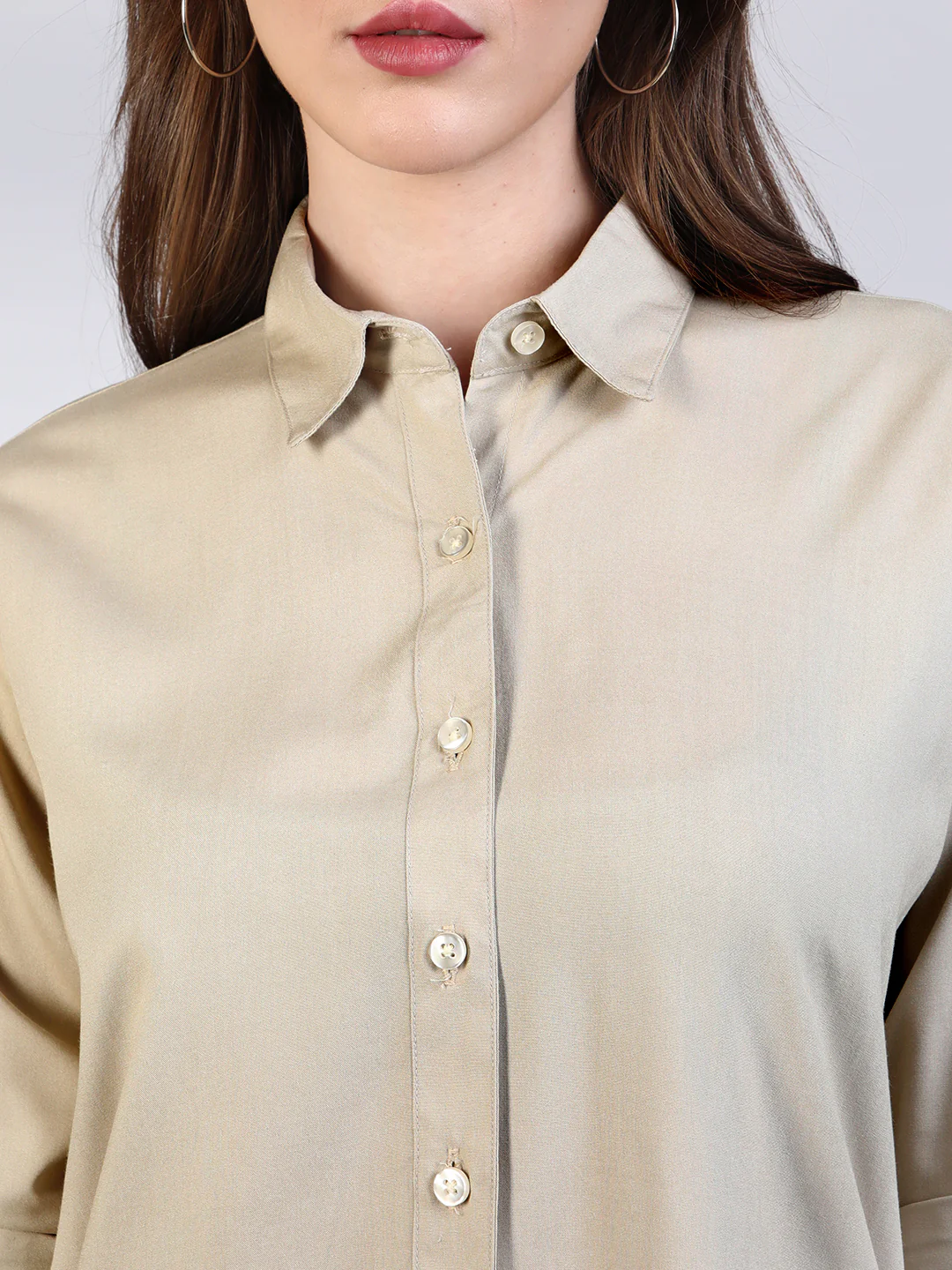 Women's Beige Modal Viscose Full Sleeve Regular Fit Casual Solid Shirt with Regular Collar - Image 6