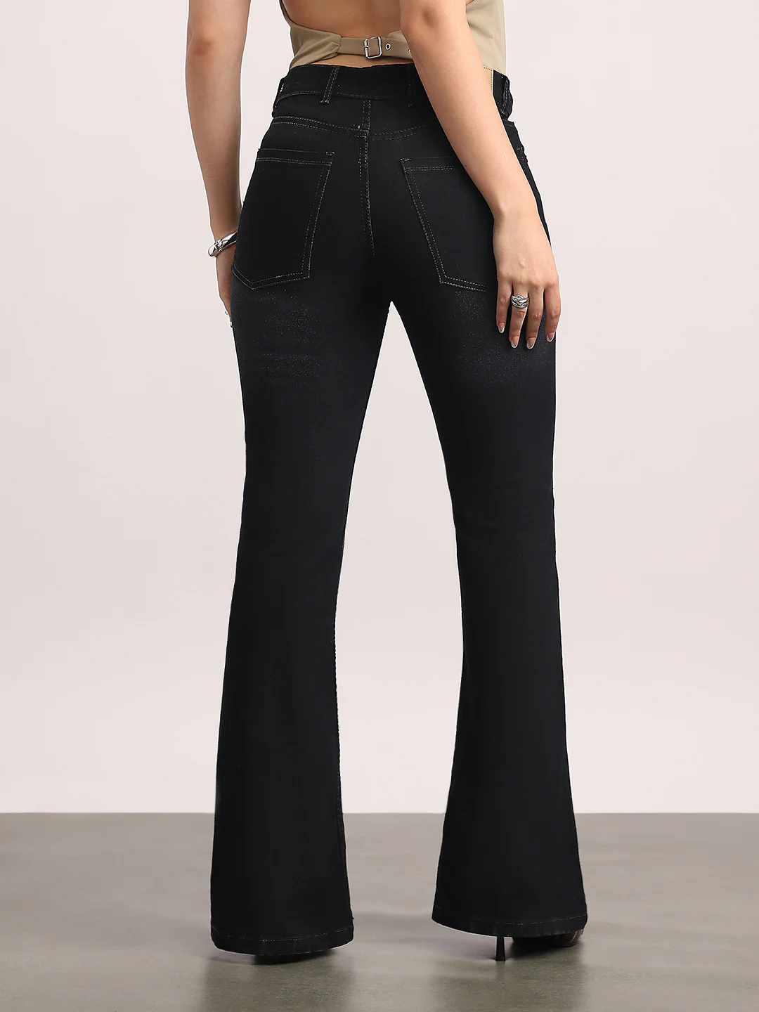 Women's Black Mid Rise Bootcut Fit Washed Jeans Stretchable - Image 3