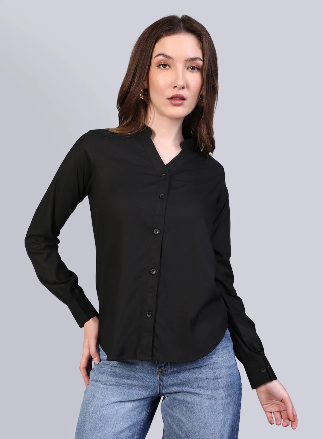 Women's Black Modal Viscose Full Sleeve Regular Fit Casual Solid Shirt with Mandarin Collar - Image 2