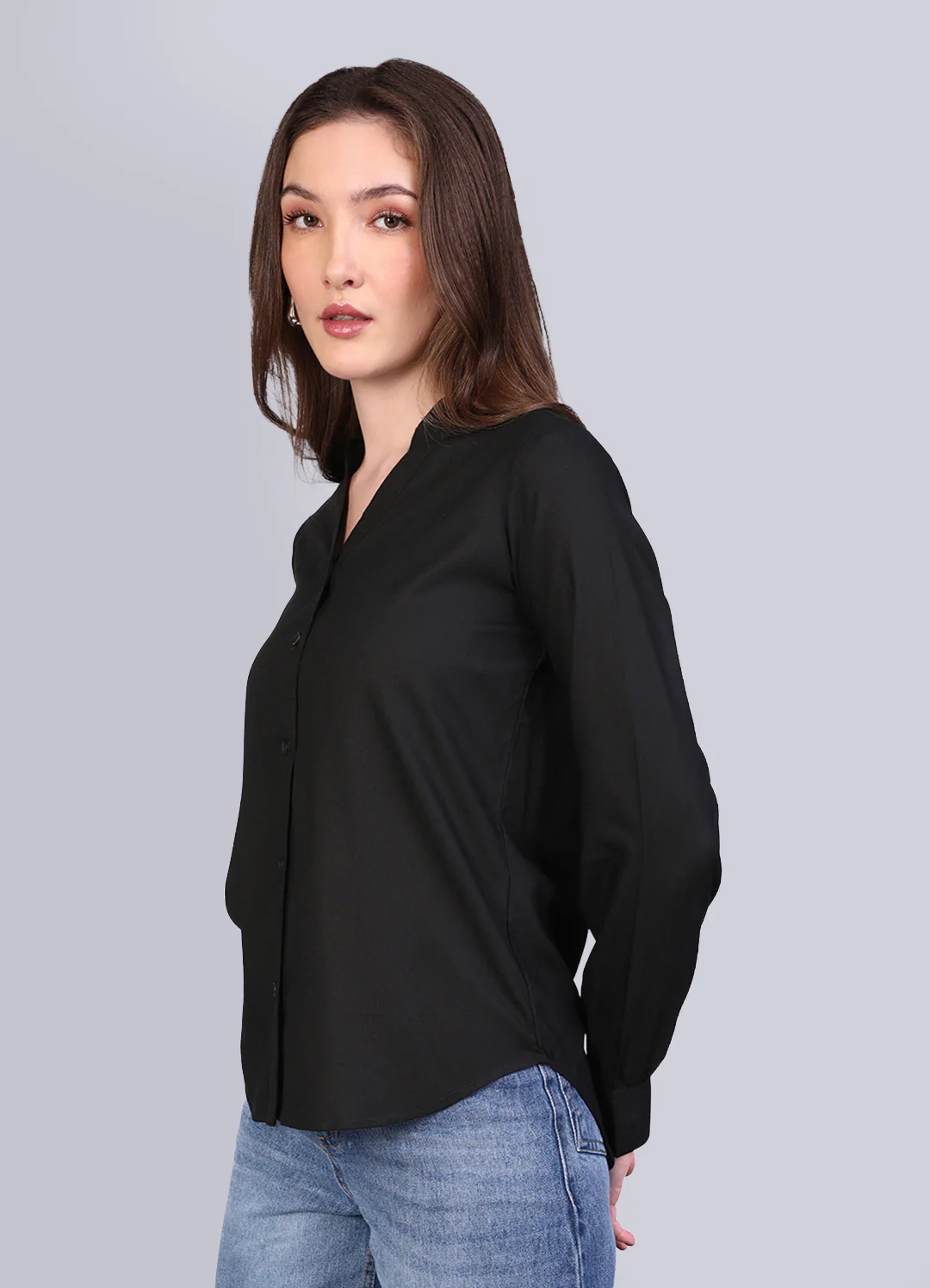 Women's Black Modal Viscose Full Sleeve Regular Fit Casual Solid Shirt with Mandarin Collar - Image 3