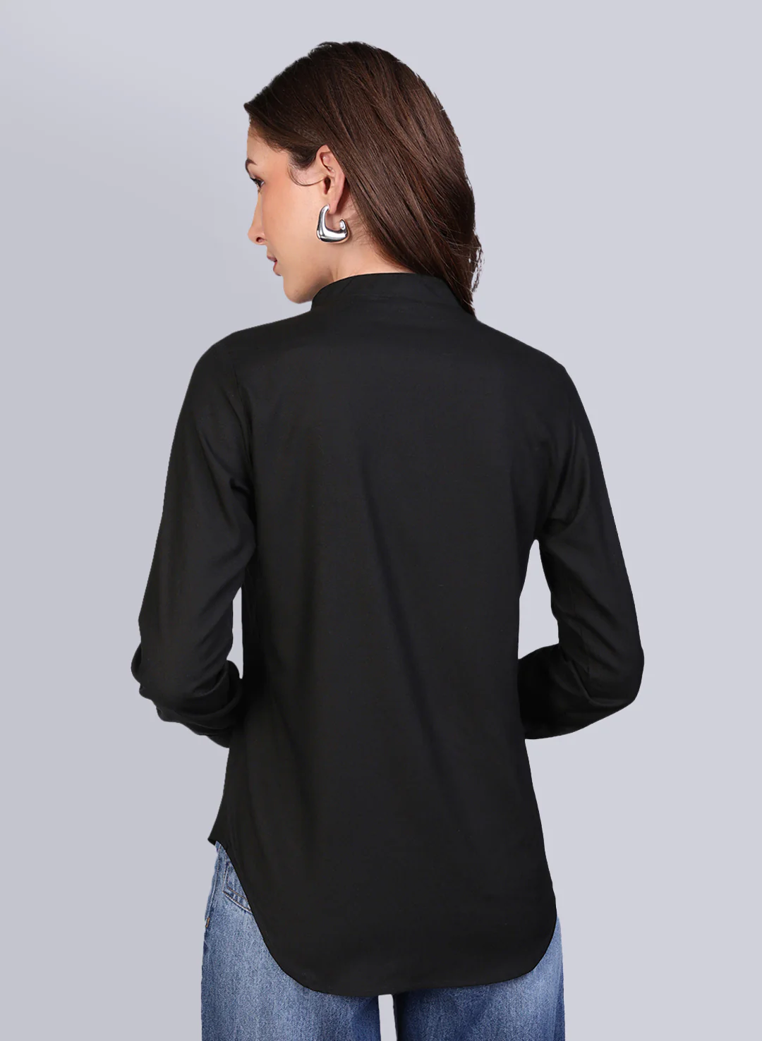 Women's Black Modal Viscose Full Sleeve Regular Fit Casual Solid Shirt with Mandarin Collar - Image 4