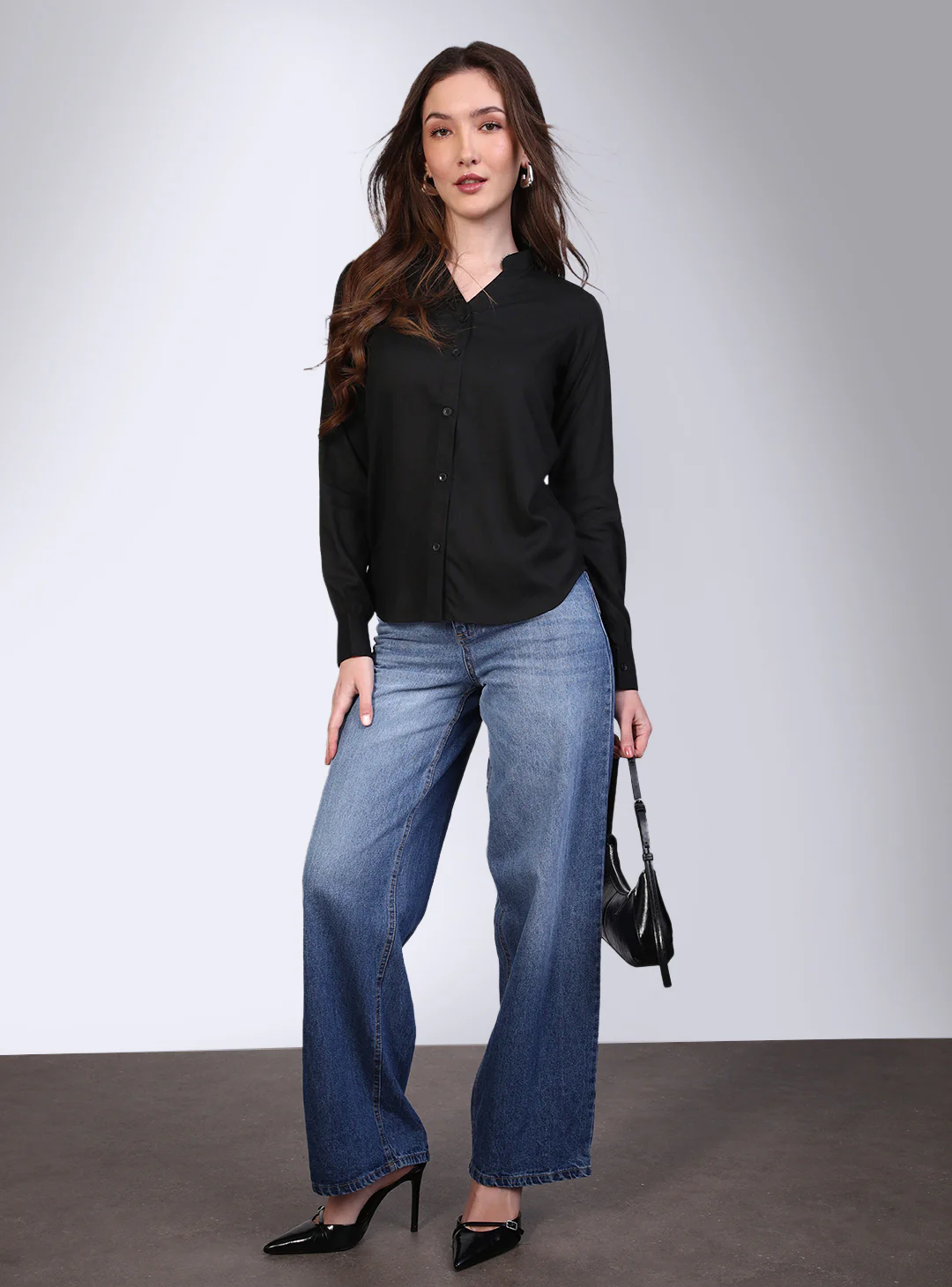 Women's Black Modal Viscose Full Sleeve Regular Fit Casual Solid Shirt with Mandarin Collar - Image 5