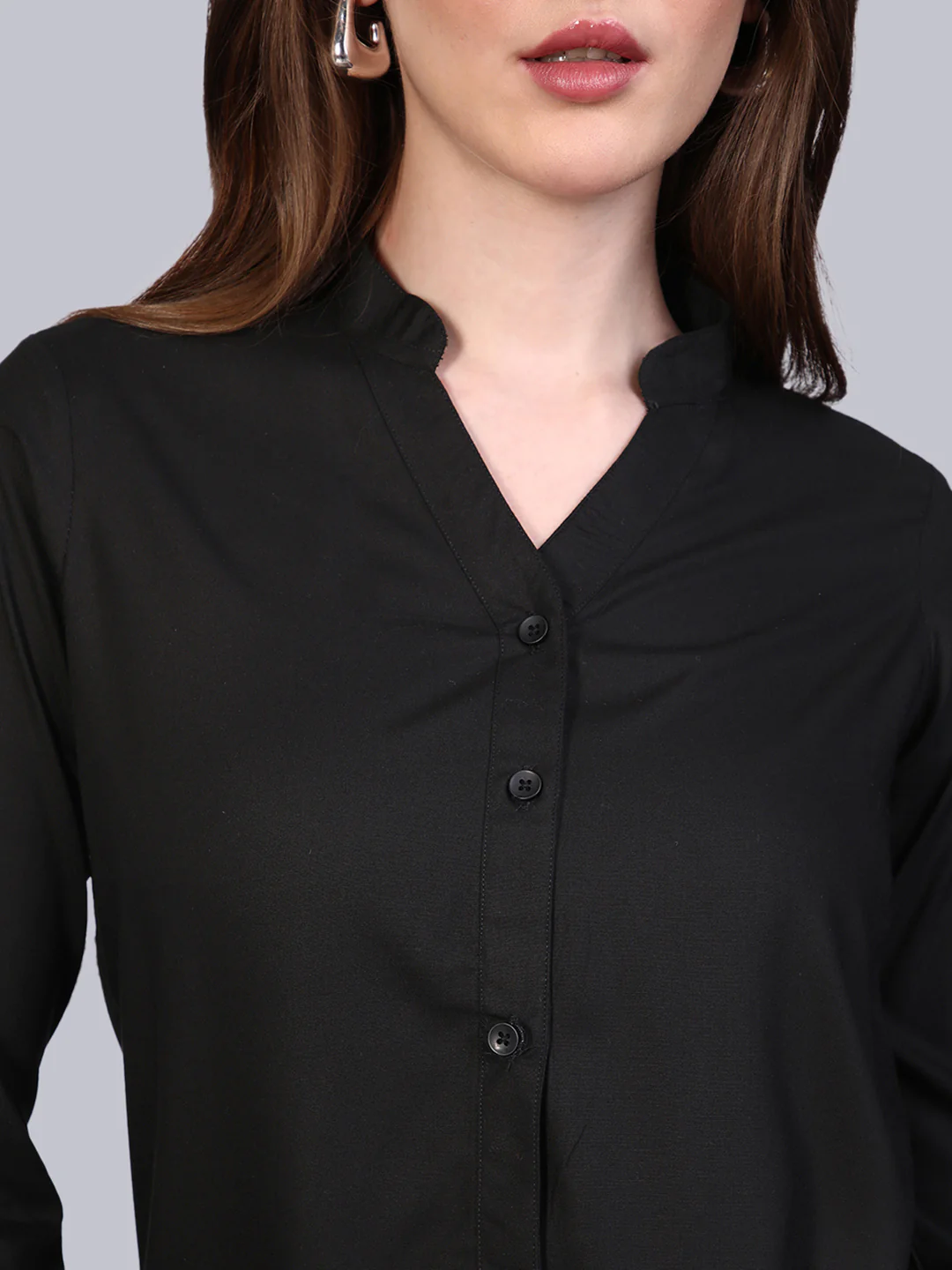 Women's Black Modal Viscose Full Sleeve Regular Fit Casual Solid Shirt with Mandarin Collar - Image 6