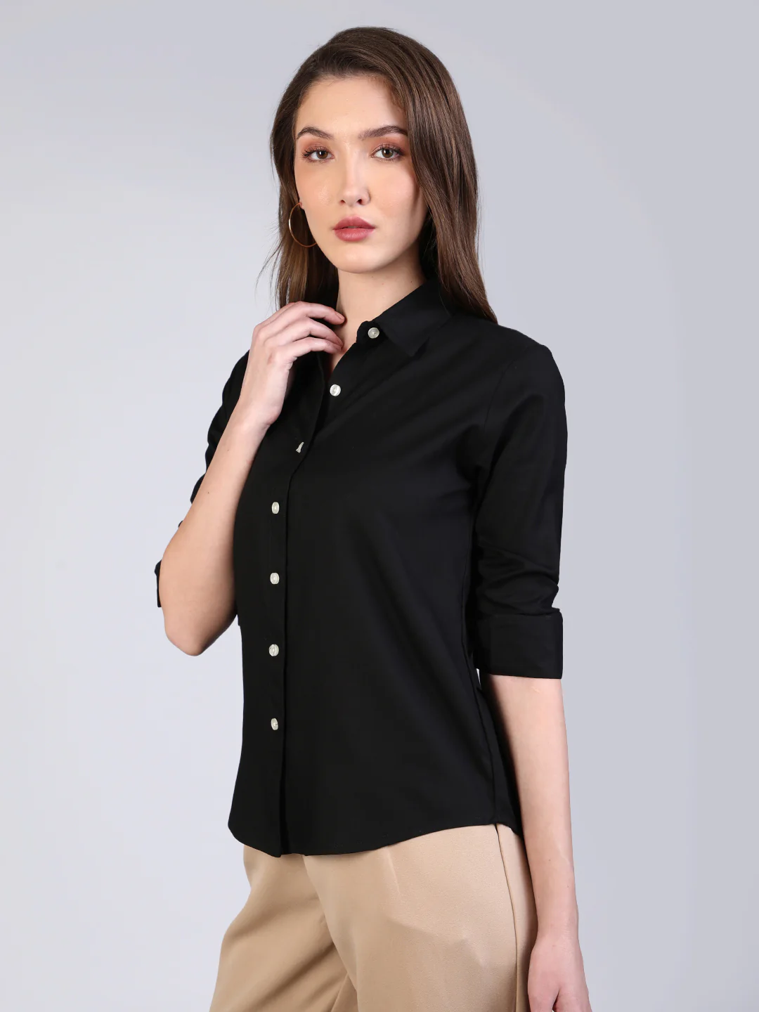 Women's Black Modal Viscose Full Sleeve Regular Fit Casual Solid Shirt with Regular Collar - Image 3