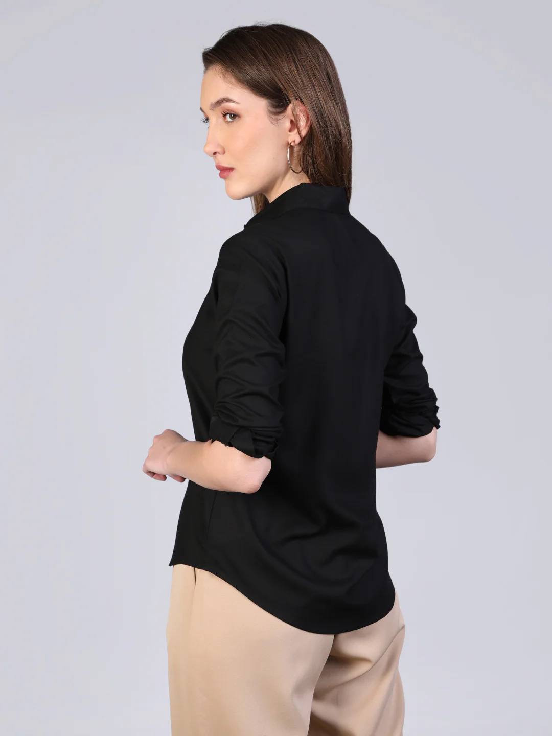 Women's Black Modal Viscose Full Sleeve Regular Fit Casual Solid Shirt with Regular Collar - Image 4